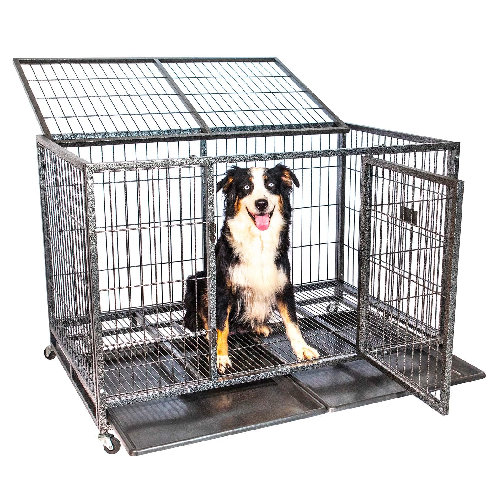 Cage pour Chien intérieur et extérieur MouvedyXL, 123x79x84cm, Caisse de Transport, Roues verrouillables, Pliable, 2 Portes, Plateau Amovible Paitsy