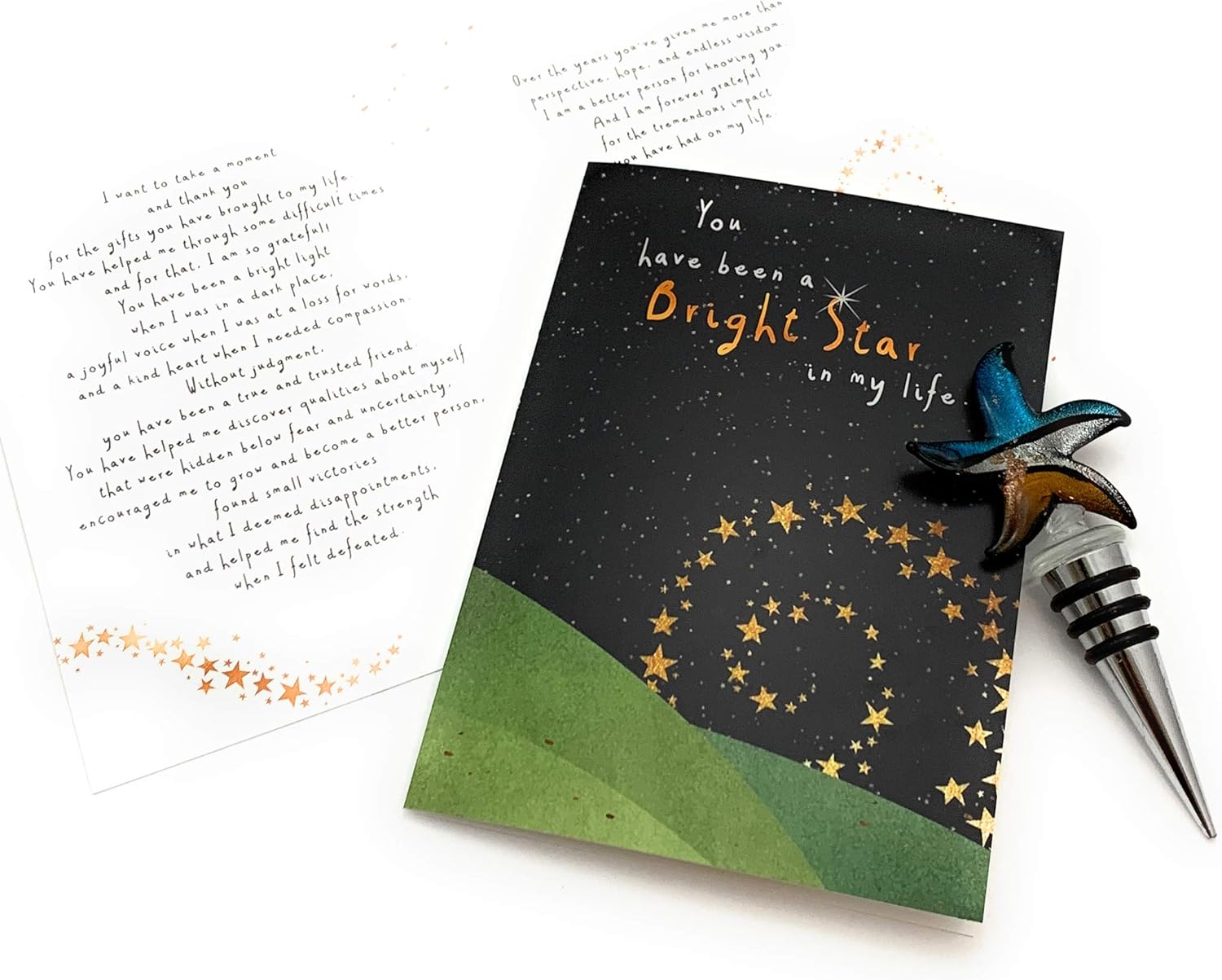 Smiling Wisdom - Bright Star in My Life Greeting Card and Bottle Stopper Mentor Gift Set - Acknowledge Appreciation Mentor Grandparent Mom Dad Friend Men Women - Gold Blue