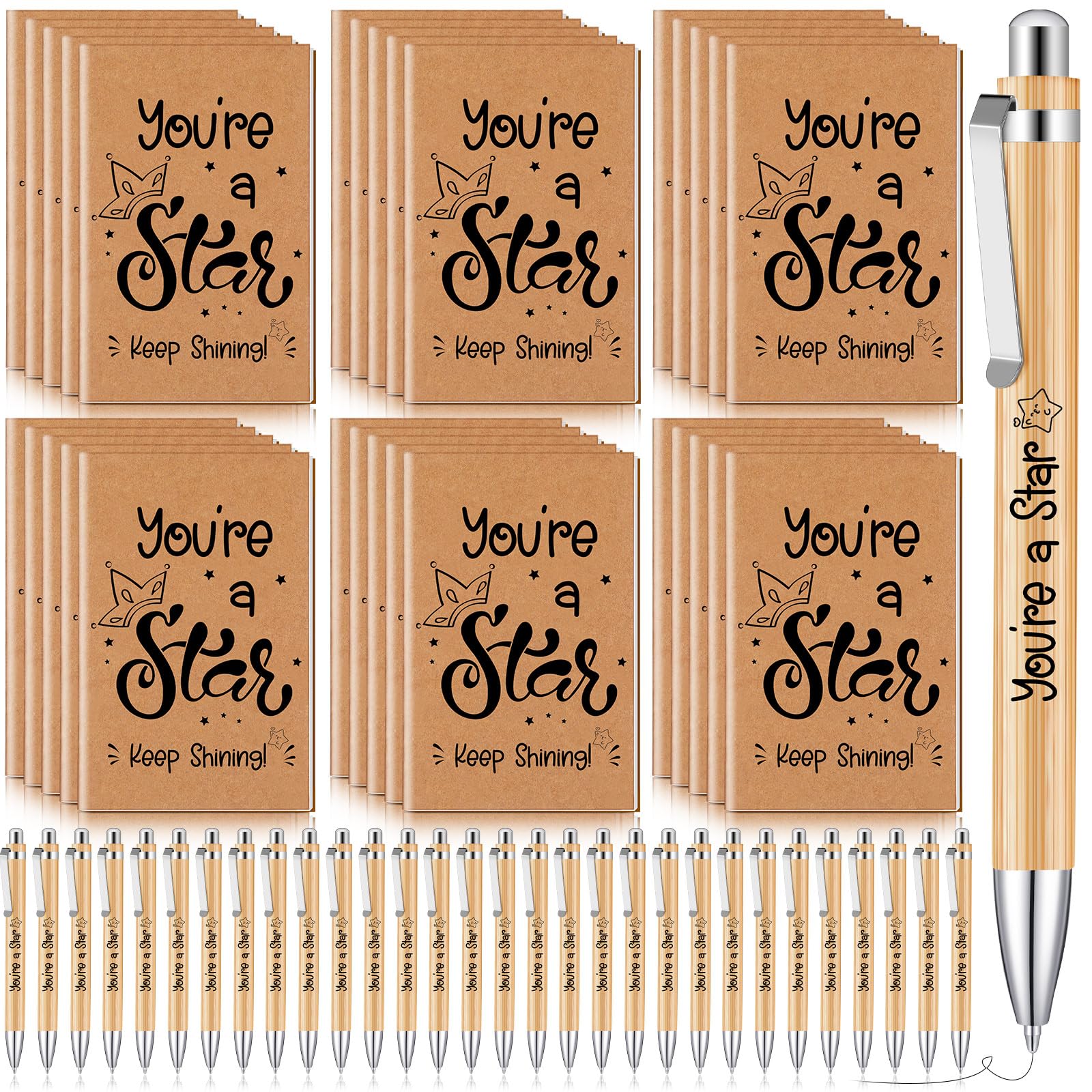 Clabby 30 Sets End of Year School Leavers Gifts Star Notebook 3'' x 5" Inspirational Wooden Pen Motivation You're a Star Keep Shining Gifts for Students from Teachers