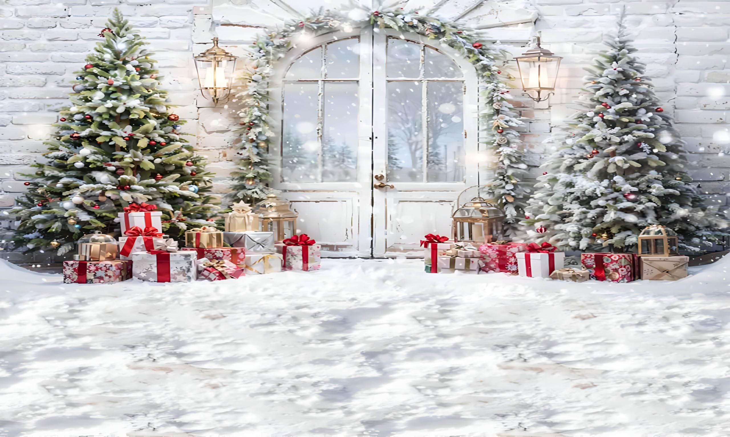 Christmas Backdrops for Pictures Christmas Trees White Snow Brick Wall White Door and Gift Background Photo Studio Props Size 5Feet Height & 8Feet Width(5 * 8)