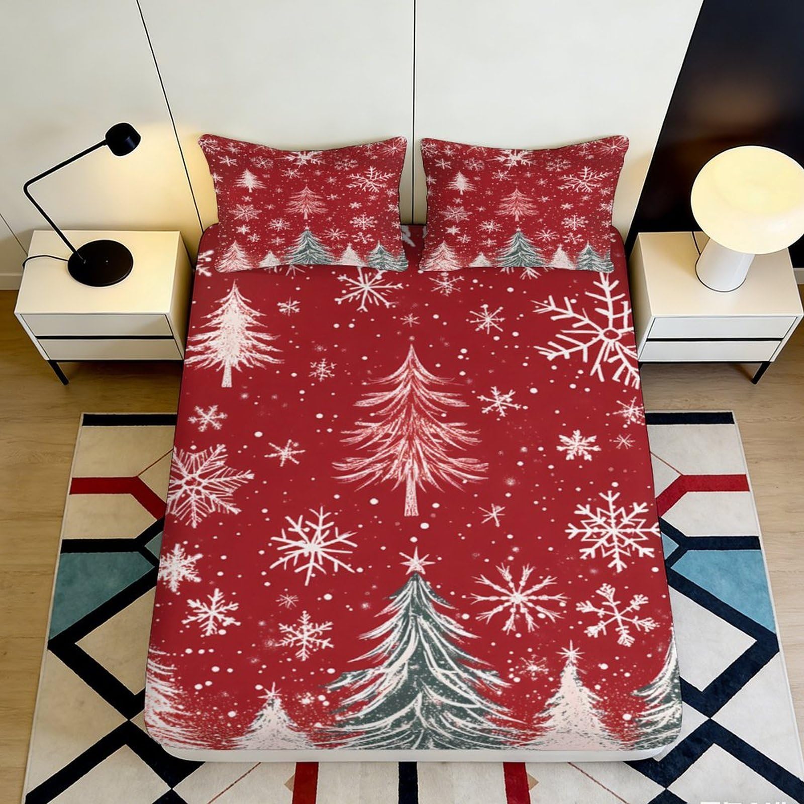 3D Printed Christmas Tree Fitted Sheet Microfiber Soft Breathable Snowflake Bed Cover for Bedroom Dormitory Guest Room Mattress Protection Decor 200x200x25cm