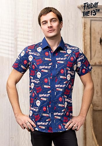 Vista 2 de Fun Costumes Adult Thrills and Kills Friday the 13th Button Up Shirt