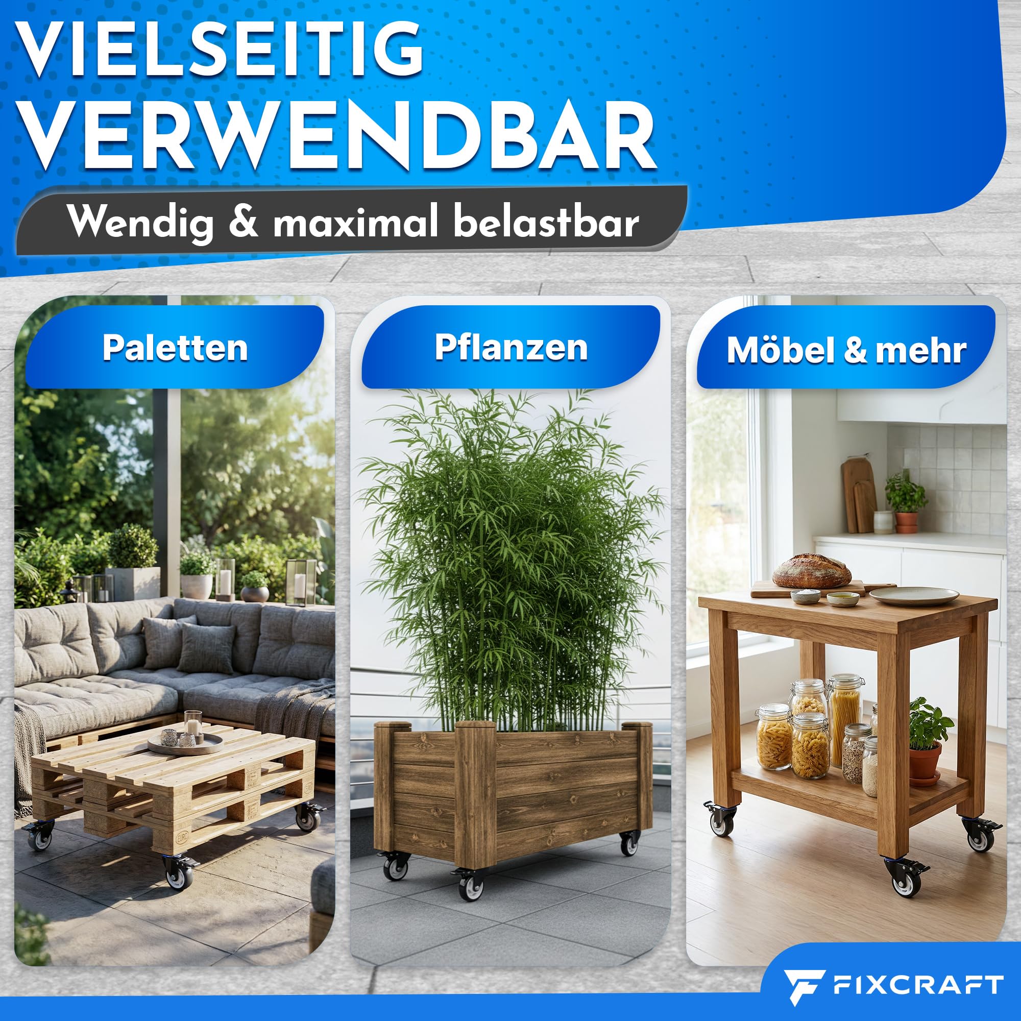 4 Schwerlastrollen mit Bremse [75mm] bis zu 400kg - Lenkrollen | Transportrollen, Möbelrollen, Bockrollen, Räder | Rostfreie Rollen Indoor + Outdoor | Für Werkstatt, Paletten