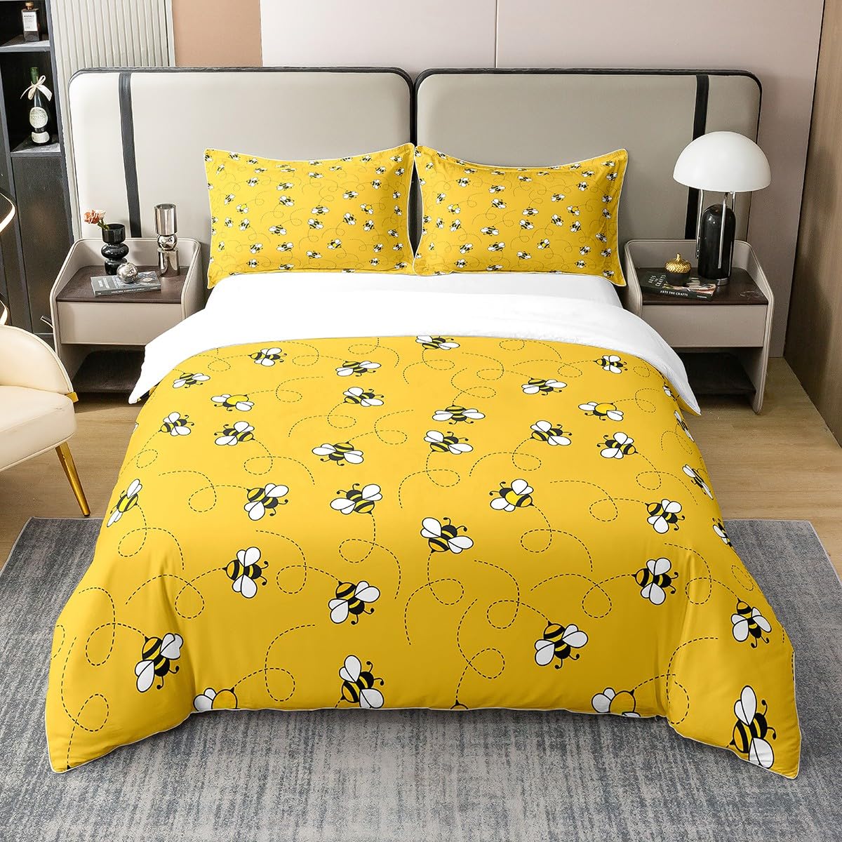Loussiesd Süße Bienen Baumwolle Bettwäsche Set 135x200cm, Biene und Blumen Bettwäsche Natur Frühling Garten Bieneative Bettbezug für Mädchen Jungen Gelb Schwarz