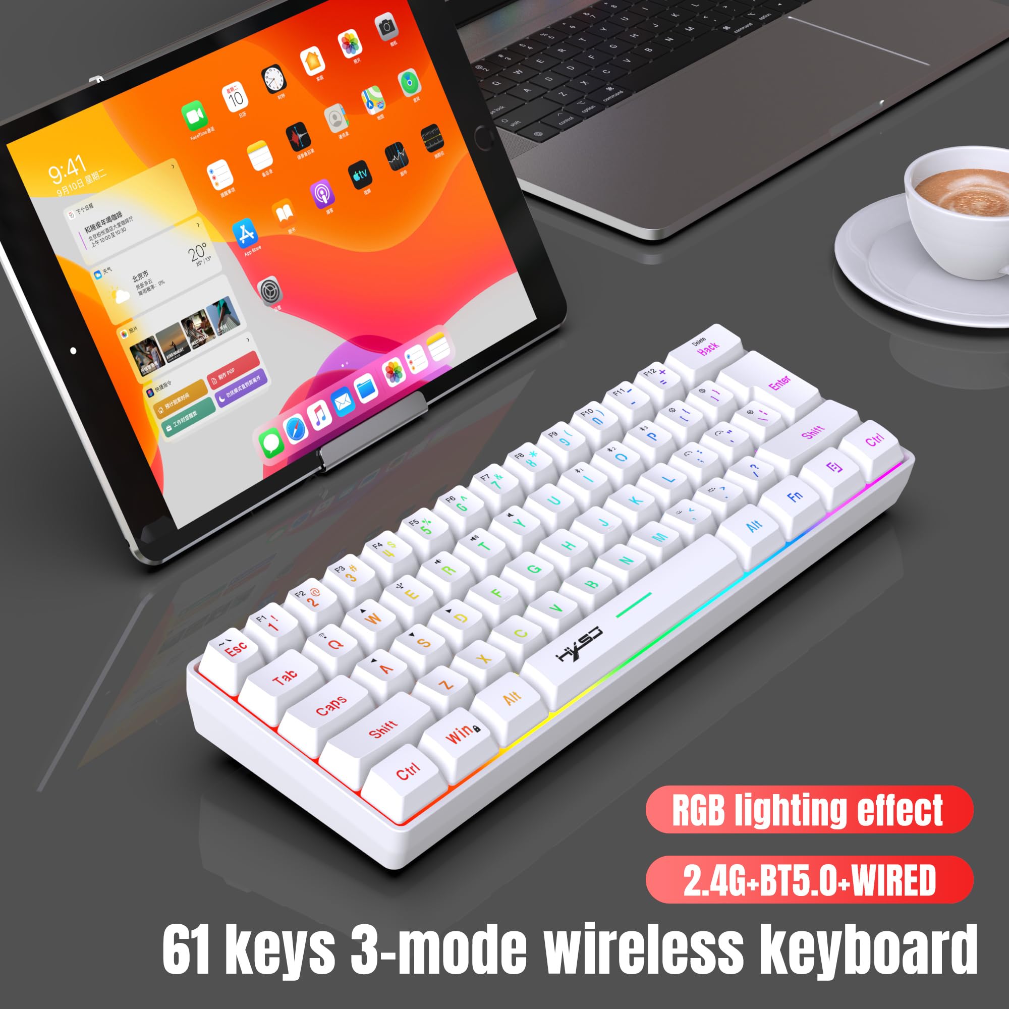 Teclado Gaming Inalambrico, 61 Teclas Bluetooth 5.0 + 2.4G Modo Dual Teclado Ergonómico Compacto Silencioso 60% Retroiluminado Arcoíris con Batería Recargable para Windows Mac PC PS4 Gamer, Blanco