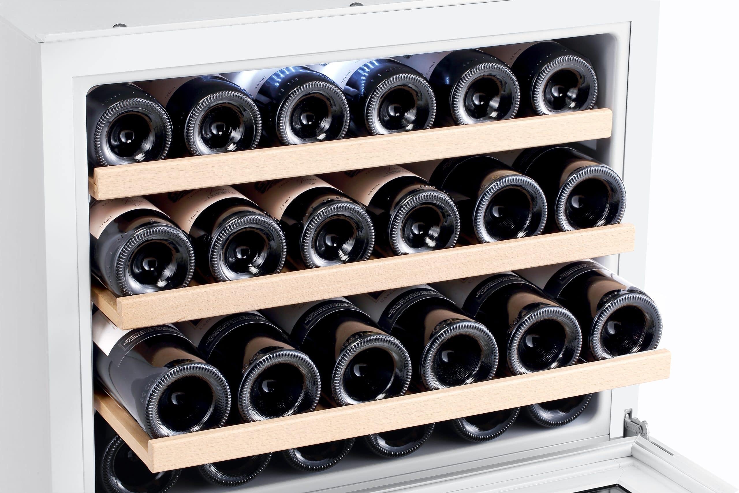 LV22W Weißer Einbau-Weinkühlschrank - 2 Zonen - Vollglas-Designtür, 22 Flaschen, 41 dB, 60 cm breit und 3 ausziehbare Schubladen aus Buchenholz