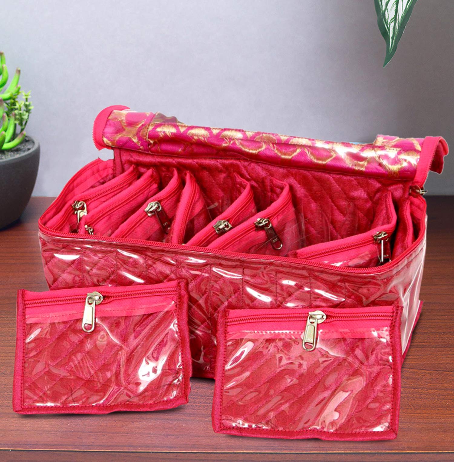 Kuber Industries Pink Fabric Jewellery Box With 10 Transparent Pouches (Pink)-Kubmart2968
