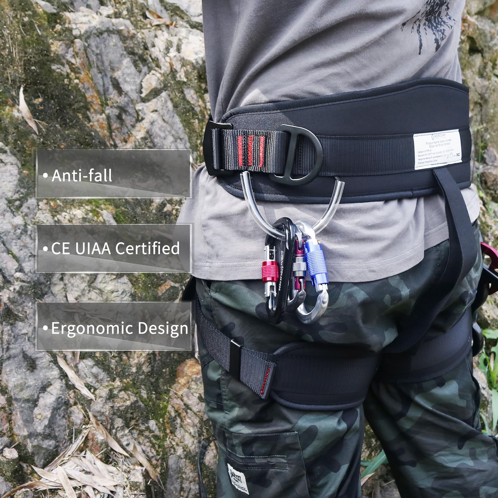 NewDoar Arnés de escalada certificado UIAA y CE, arnés profesional de escalada en roca, arnés de medio cuerpo grueso negro para rapel, equipo de escalada de árboles de rescate de incendios (negro