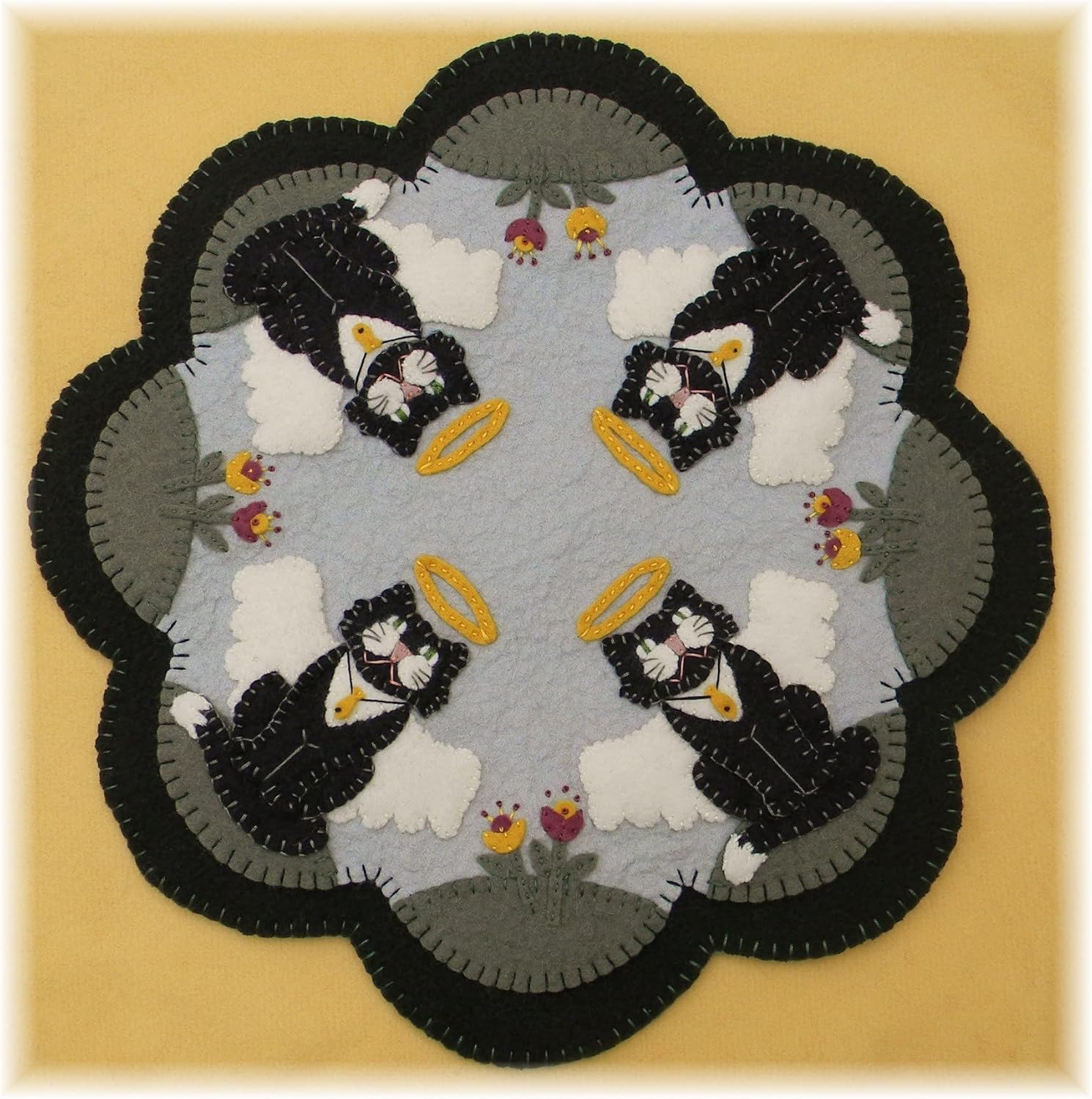 Over the River Felt Angel Kitties Penny Rug Kit Pre Washed Wool Applique Kit Cat Pattern Candle Mat
