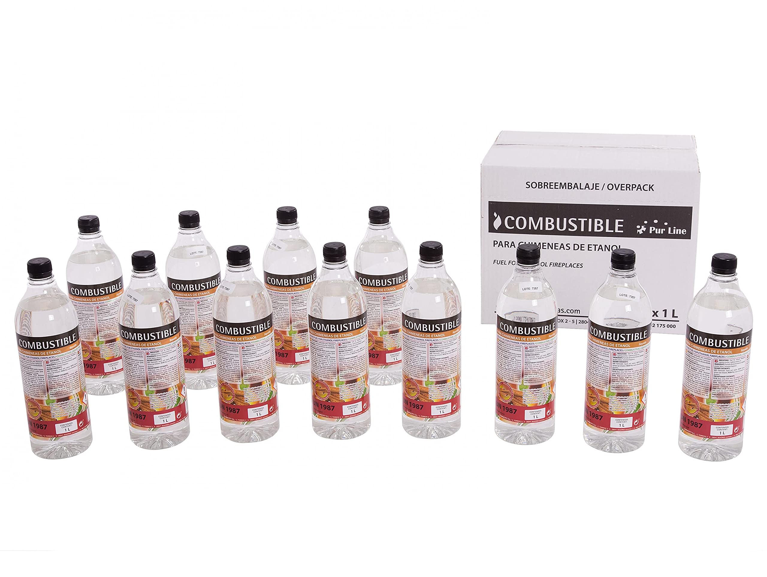 PUR LINE | Combustible etanol vegetal aroma a madera biochimeneas, caja 12 botellas 1L - Combustible Etanol Ecológico, sin humo, elimina olores y recrea ambiente chimenea leña