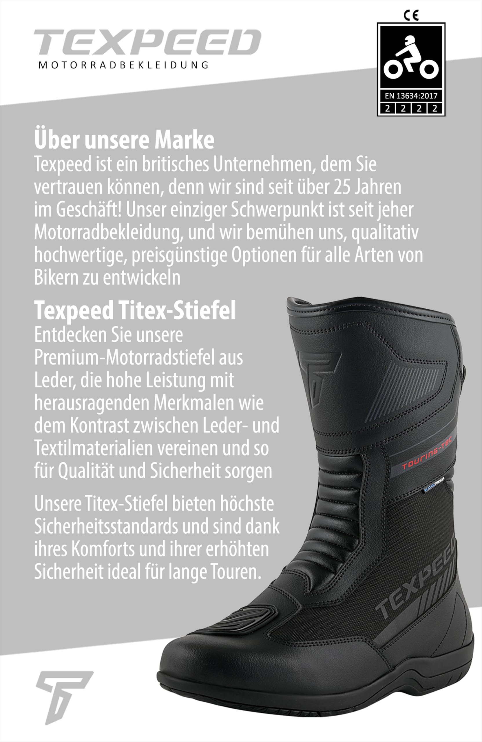 Texpeed Motorradstiefel Herren Leder – Titex, 100% wasserdicht, kurzer Schaft, CE-geprüft, Touring-Bikerschuhe – Schwarz - EU 44