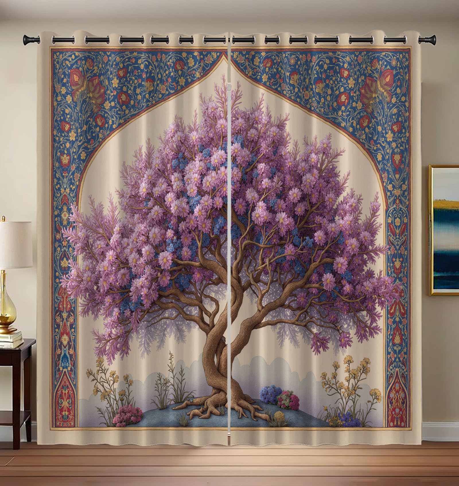 Rideaux Fenêtre Motif Cerisier en Fleurs pour Salon et Chambre Rideaux Occultants