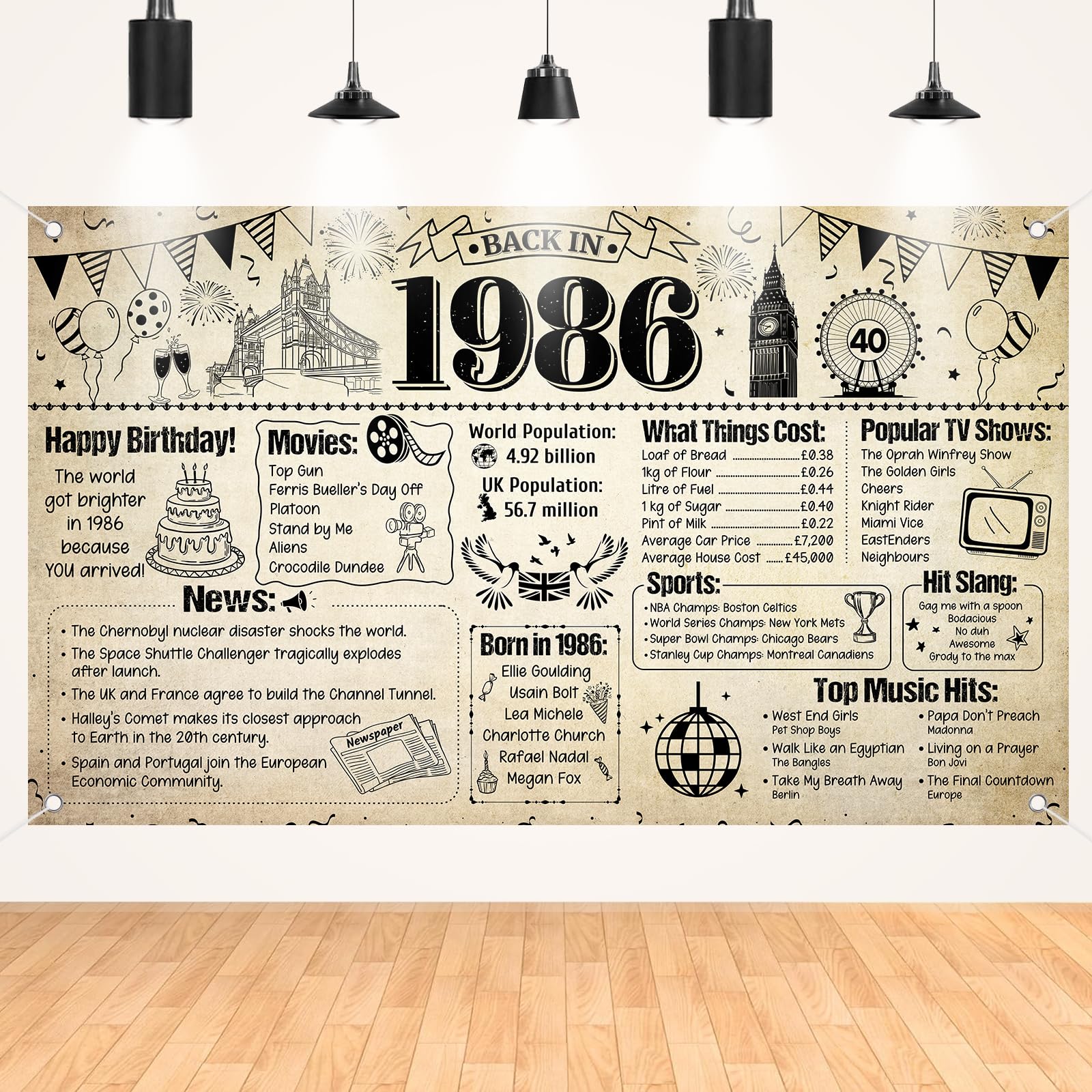 40th Birthday Decorations Backdrop - Back in 1986 Cheers to 40 Years Old Happy Birthday Party Banners for Men Women, Retro Sign Poster Bday Gift Decor Supplies for Husband, Wife Brother