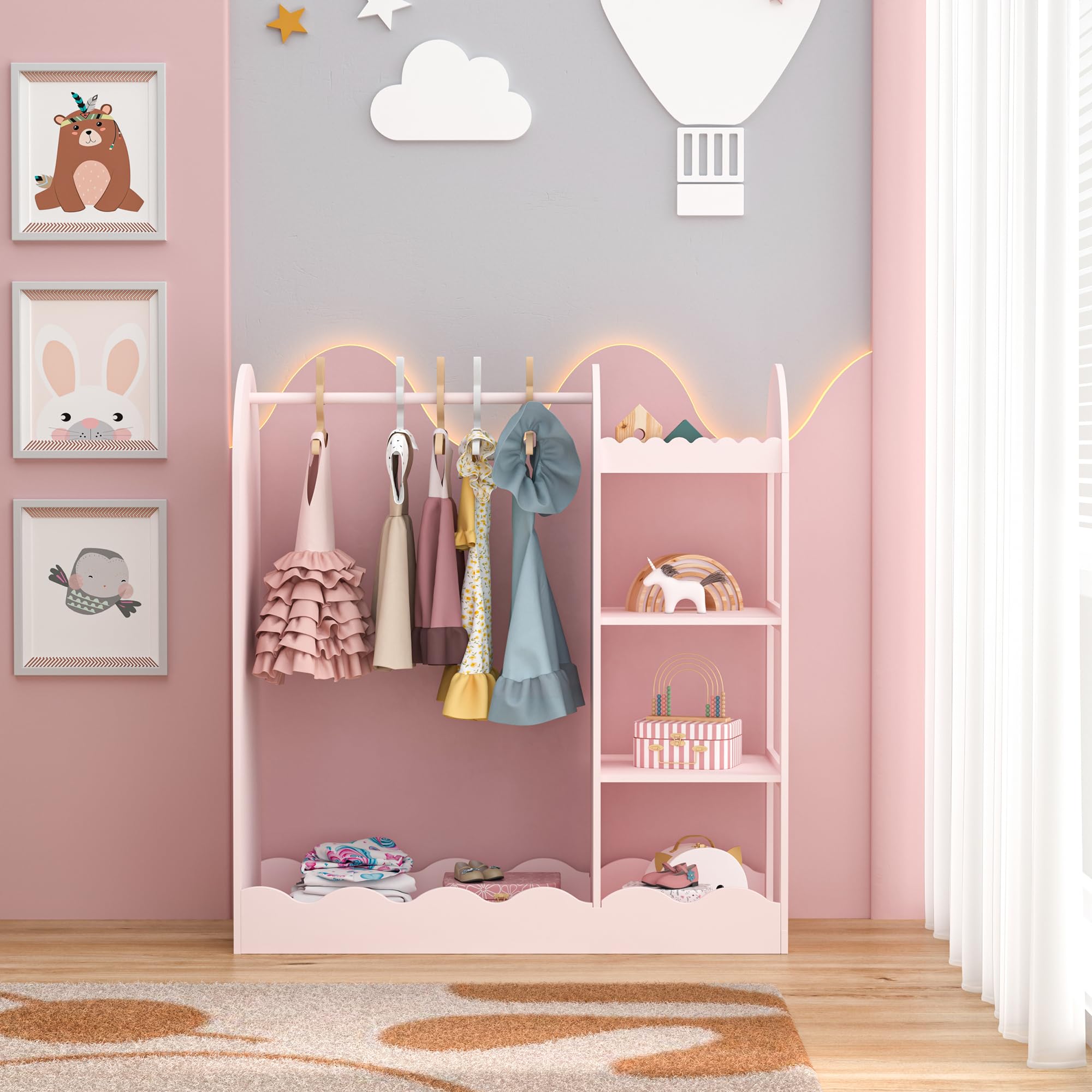 [en.casa] Perchero Burro Infantil Vestnes con Espejo Ondulado Barra para Colgar Zapatero Portaropa Armario Abierto para Ropa Guardaropa Dormitorio MDF 100 x 94 x 38 cm - Algodón de azúcar