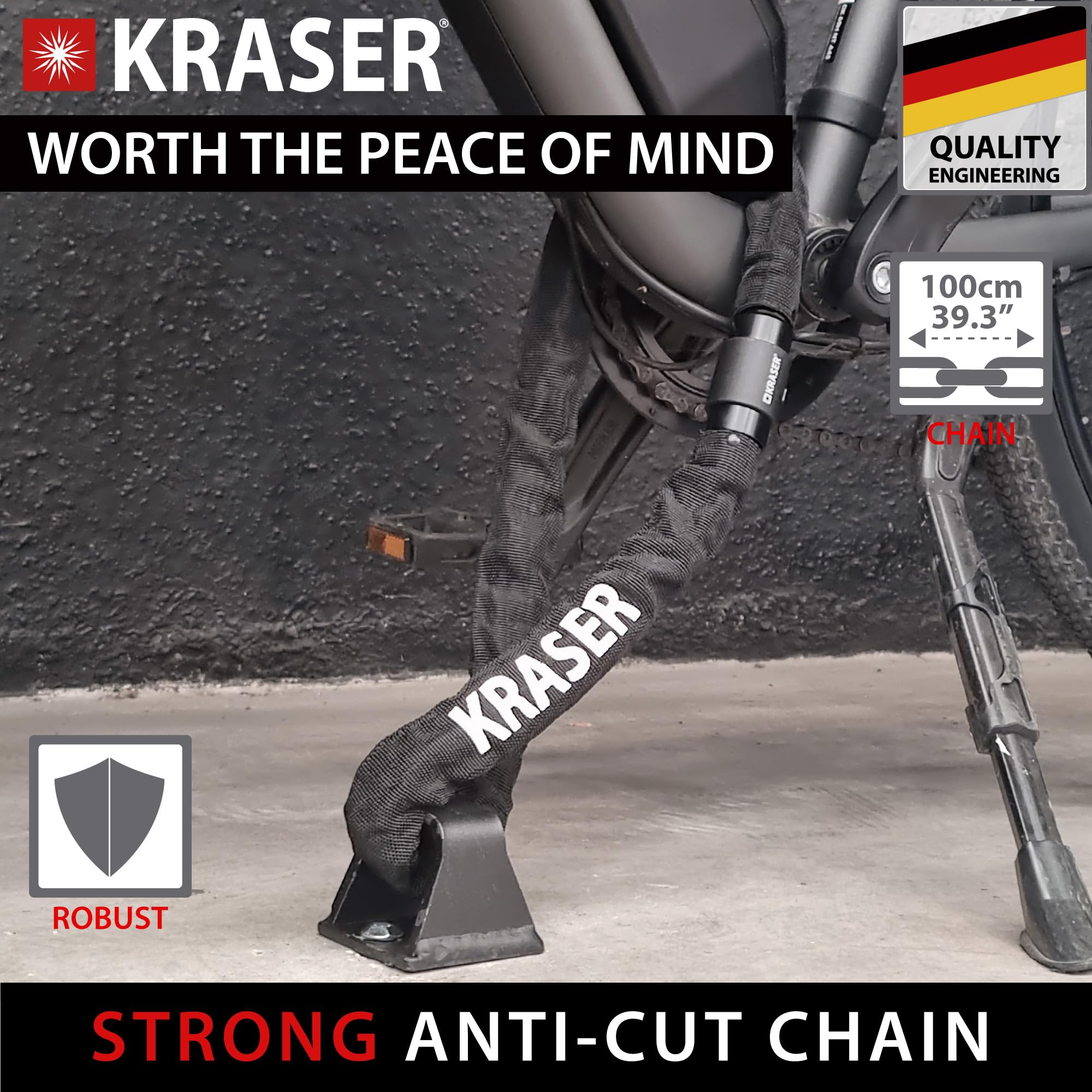 KRASER KR620 Kłódka Łańcuchowa z wodoodporną nasadką, Zamek łańcuchowy 6mm, łańcuch z obrotem 360 stopni, 100cm