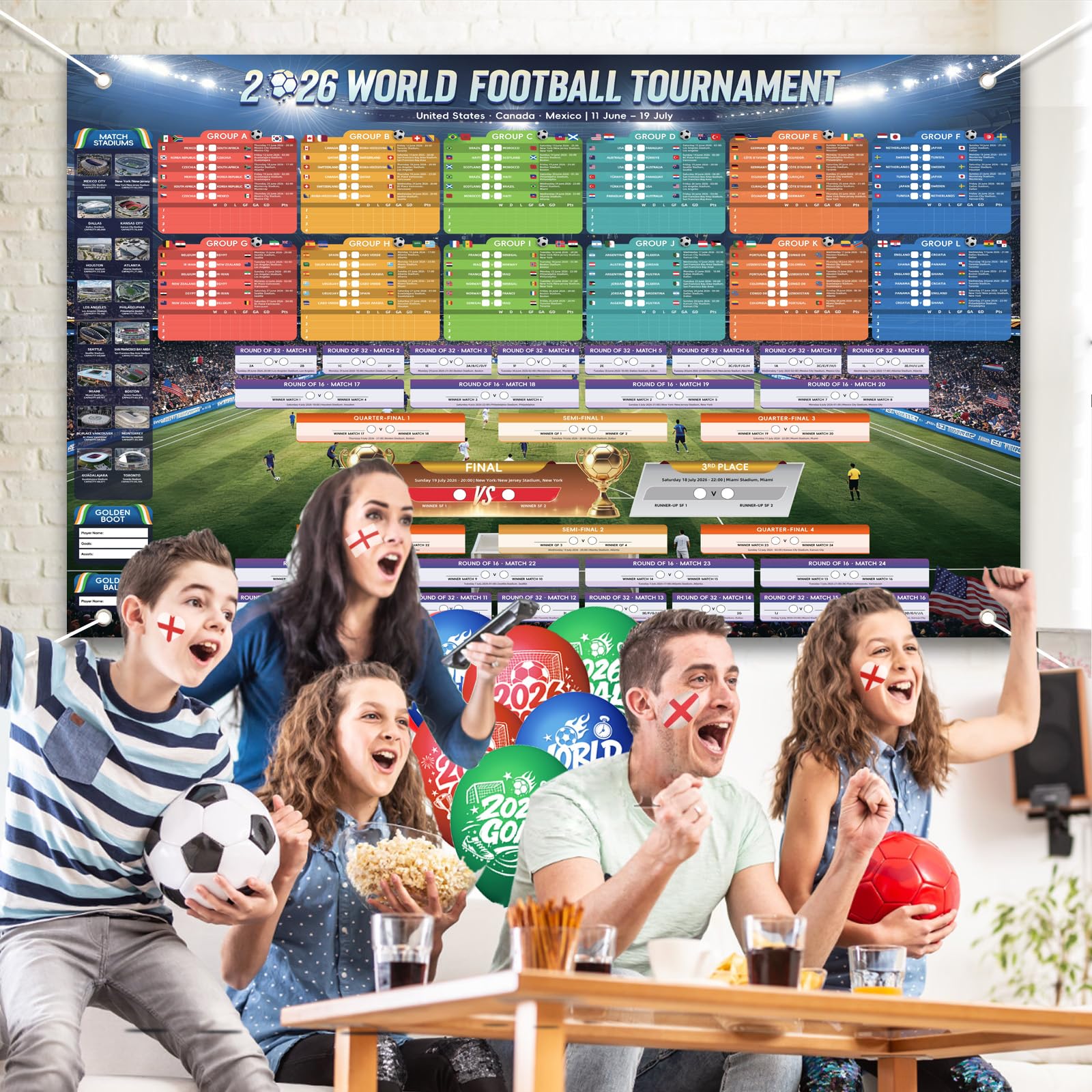 AhfuLife Grande grafico da parete in tessuto per decorazioni per feste 2026, 180 x 110 cm, include 48 squadre gruppo risultati finali calendario da parete per tifosi di calcio per interni ed esterni