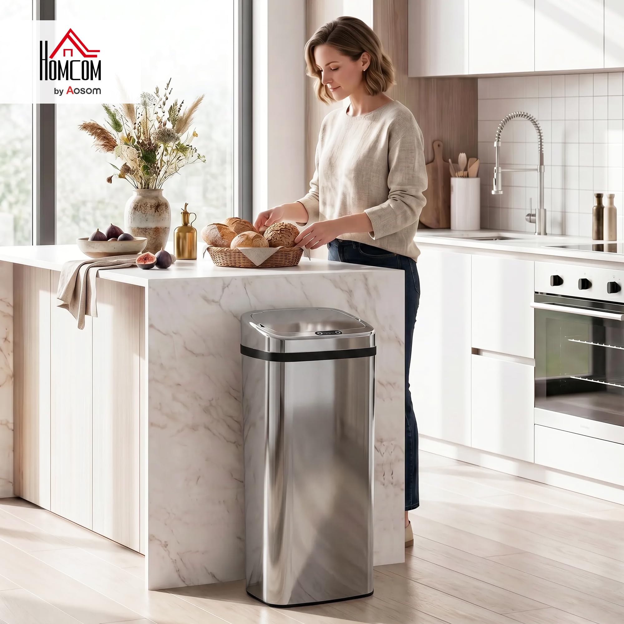 HOMCOM Cestino Spazzatura da 50L con Sensore, Pattumiera Intelligente con Apertura e Chiusura Automatica, Bidone per Rifiuti in Acciaio, 33x25x84 cm, Argento