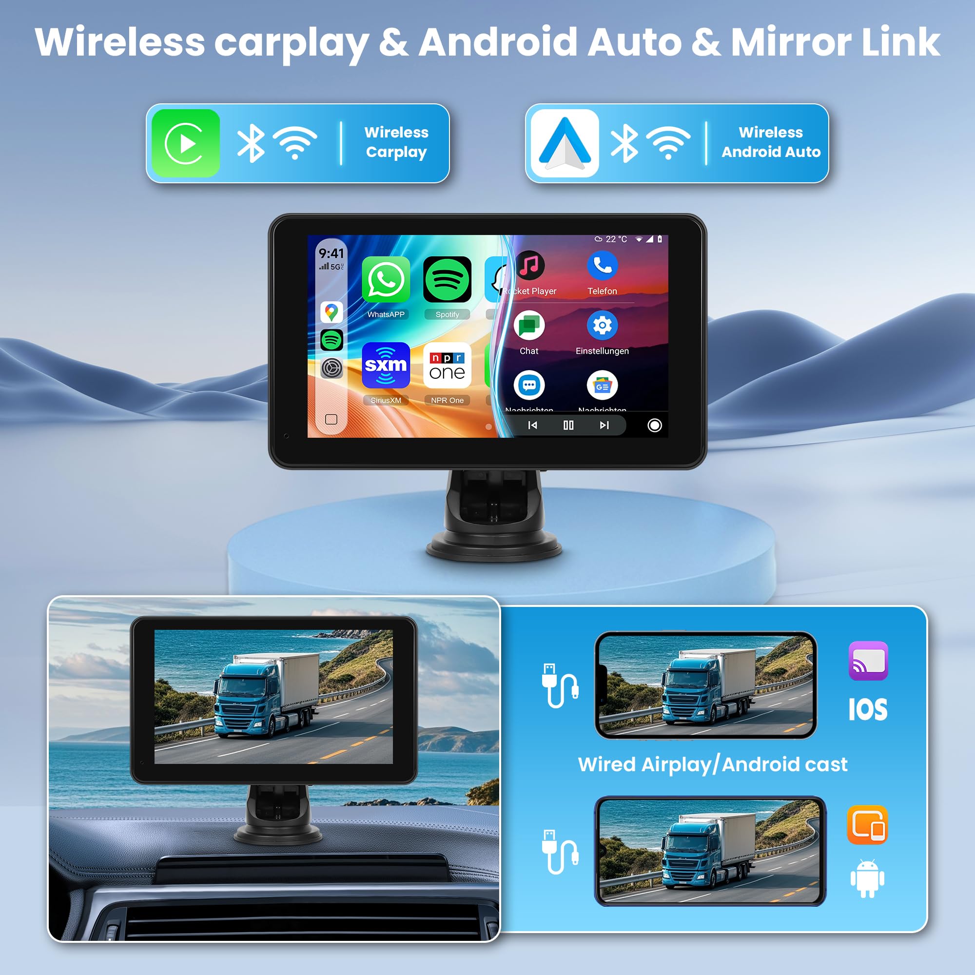 17,8 cm (7 Zoll) kabelloses CarPlay Android Auto Unterstützung Bluetooth Airplay für Autos Wireless CarPlay Android Auto Portable Carplay Bildschirm