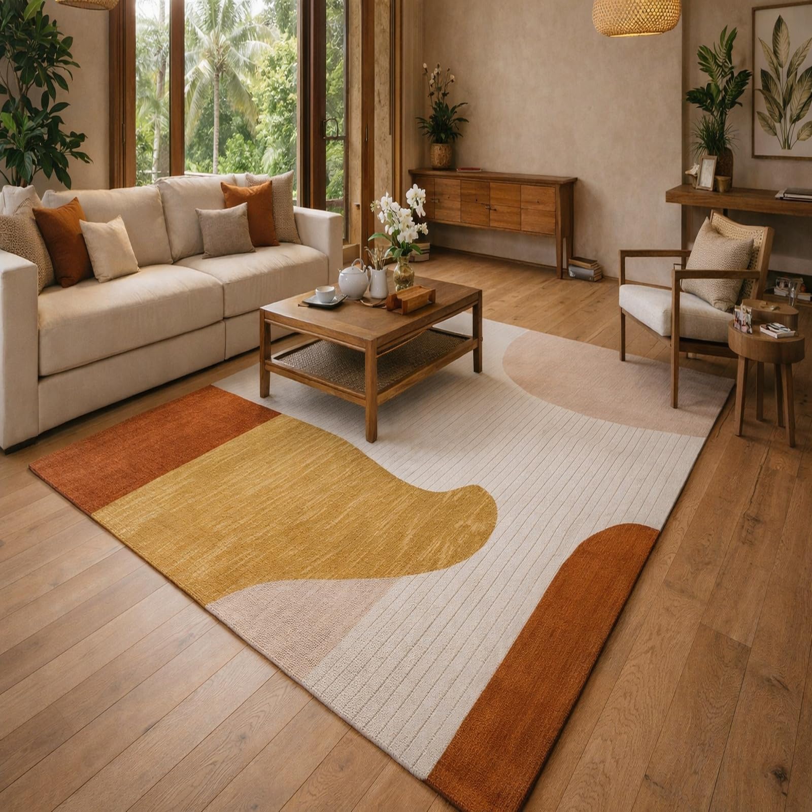 Tapis lavable 200 x 240 cm abstrait orange et jaune pour grand salon moderne