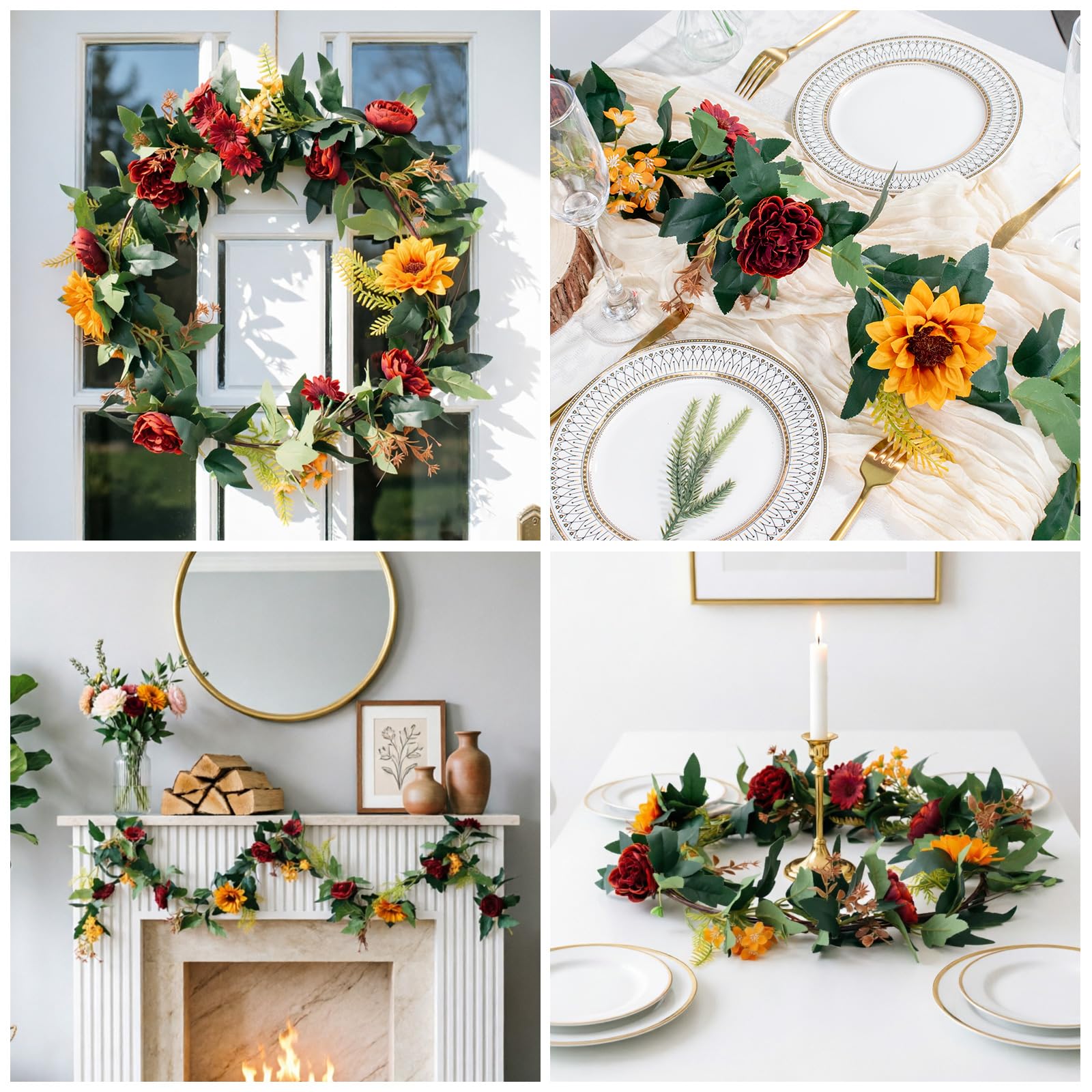 MAKHOT Künstliche Eukalyptus-Girlande mit Blumen, künstliche Rose, Schleierkraut, Rosengirlande, Dekoration, Blumengirlande, grüne Girlande für Hochzeit, Zuhause, Tischdekoration, Weiß, 3,5 m, 2 Stück