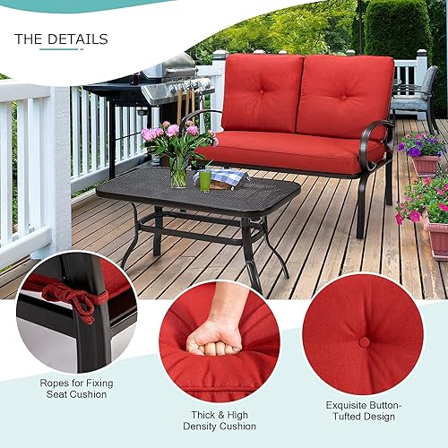 Miniatura 16 de Giantex Sofá biplaza de patio con mesa auxiliar, banco al aire libre con cojín y marco de metal, sofá biplaza para jardín, patio, patio o piscina