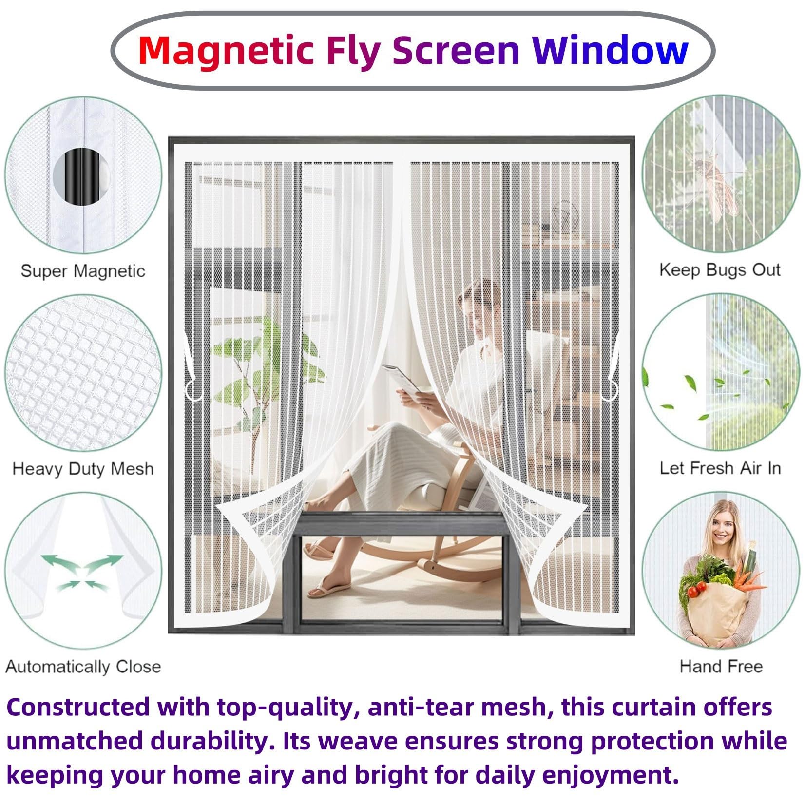 Fliegengitter Fenster Magnet 158 x 166 cm (Anpassbar) Stärkere Magneten, Magnet-Verschluss Insektenschutz Vorhang mit Selbstklebendes Klettband für Balkontür Terrassentür, Weiß