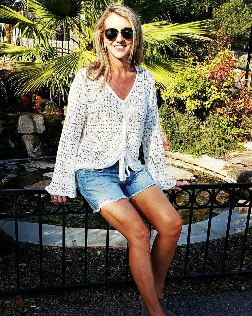 Saodimallsu Womens Boho Off Shoulder Sheer Crop Tops Bell Sleeve Flowy Oversized Crochet Ruched Pullover Sweaters - Image 7