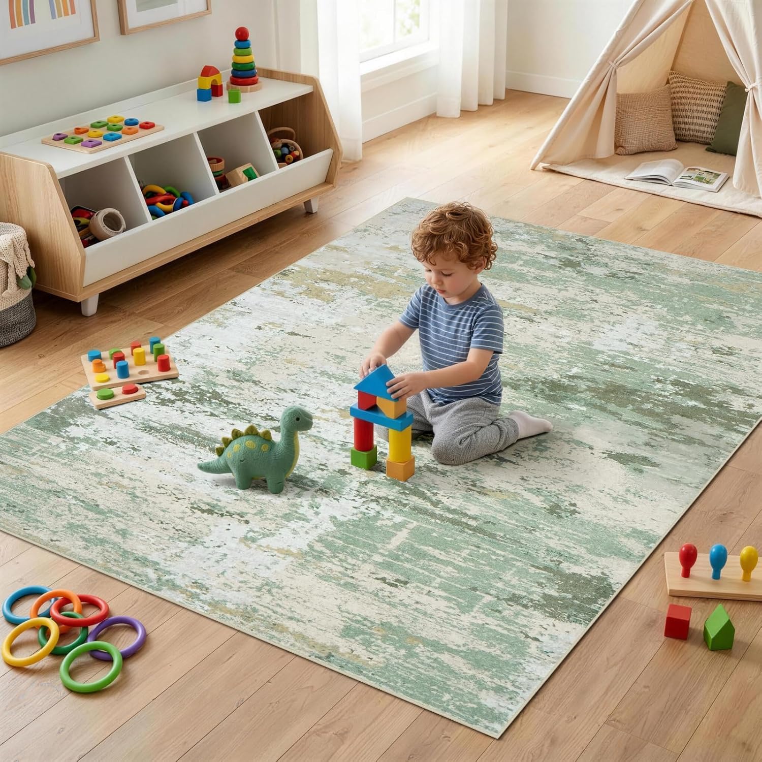 3x5 Washable Modern Abstract Area Rug, Soft Faux Cashmere Low Pile Non-Slip Indoor Carpet for Entryway Kitchen Bathroom Kids Girls Room Laundry Room, Light Green
