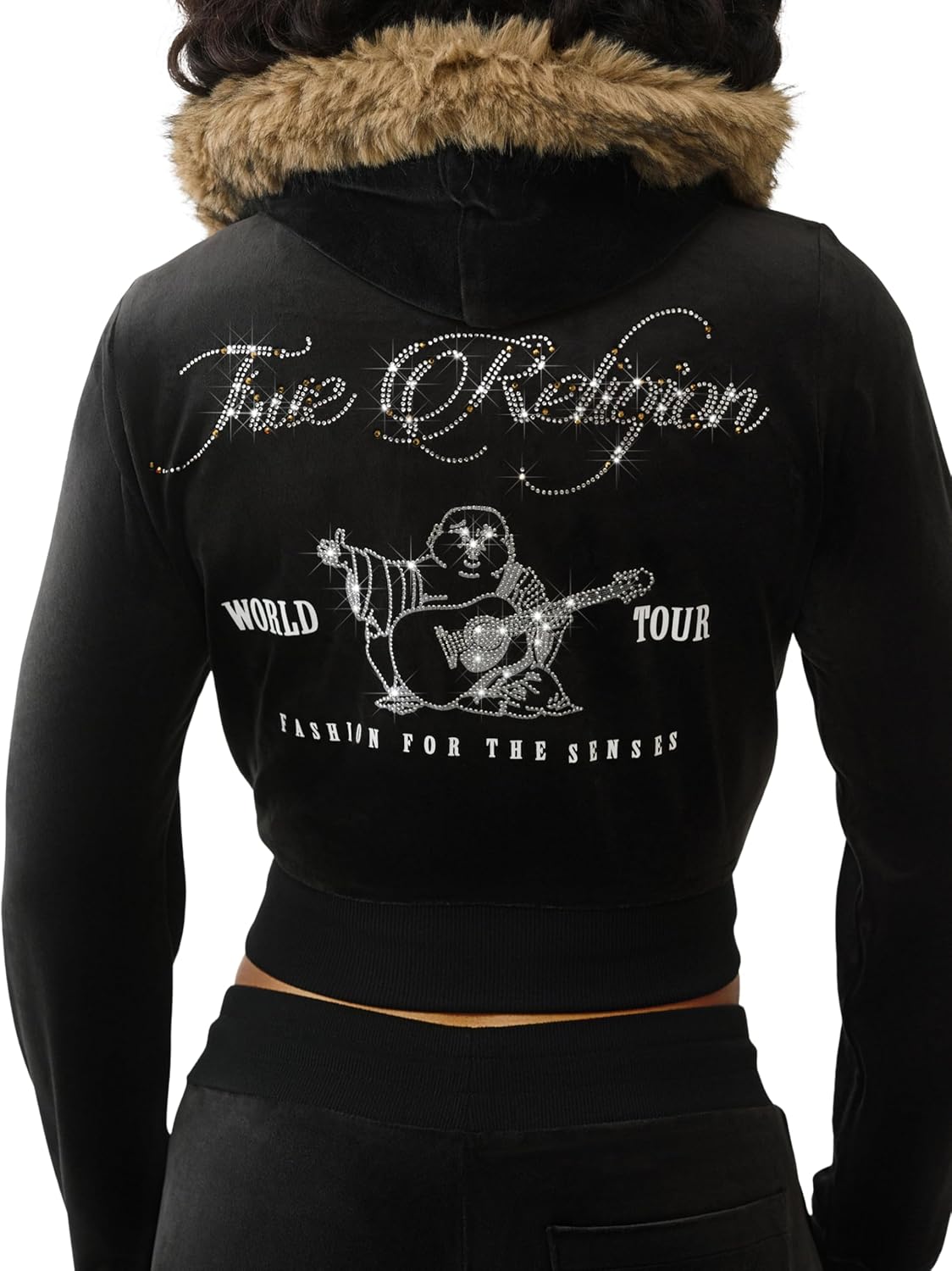 True Religion Velour Crystal Shrunken Women’s Zip Up Hoodie – Cropped Fit, Crystal Horseshoe Logo - Image 3