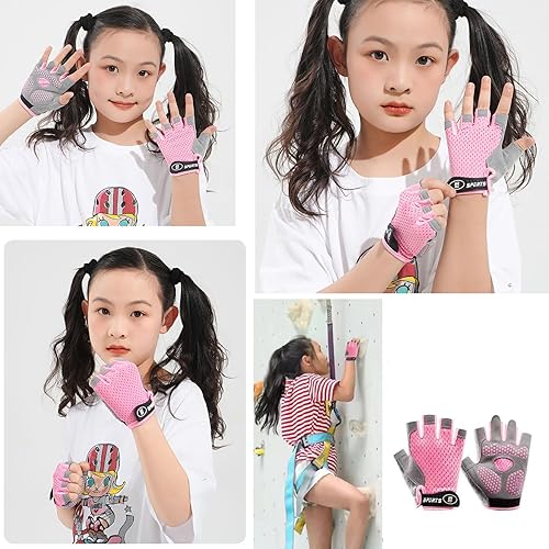 Miniatura 7 de Guantes de ciclismo para niños y niñas de 5 a 9 años de edad, color rosa con medio dedo, antideslizantes, con relleno, antideslizantes, sin dedos