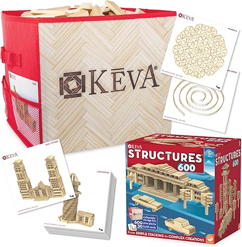 MindWare KEVA Structures - Juego de bloques de construcción de madera de 600 tablones, incluye 600 tablones de pino KEVA, 30 tarjetas de ideas y