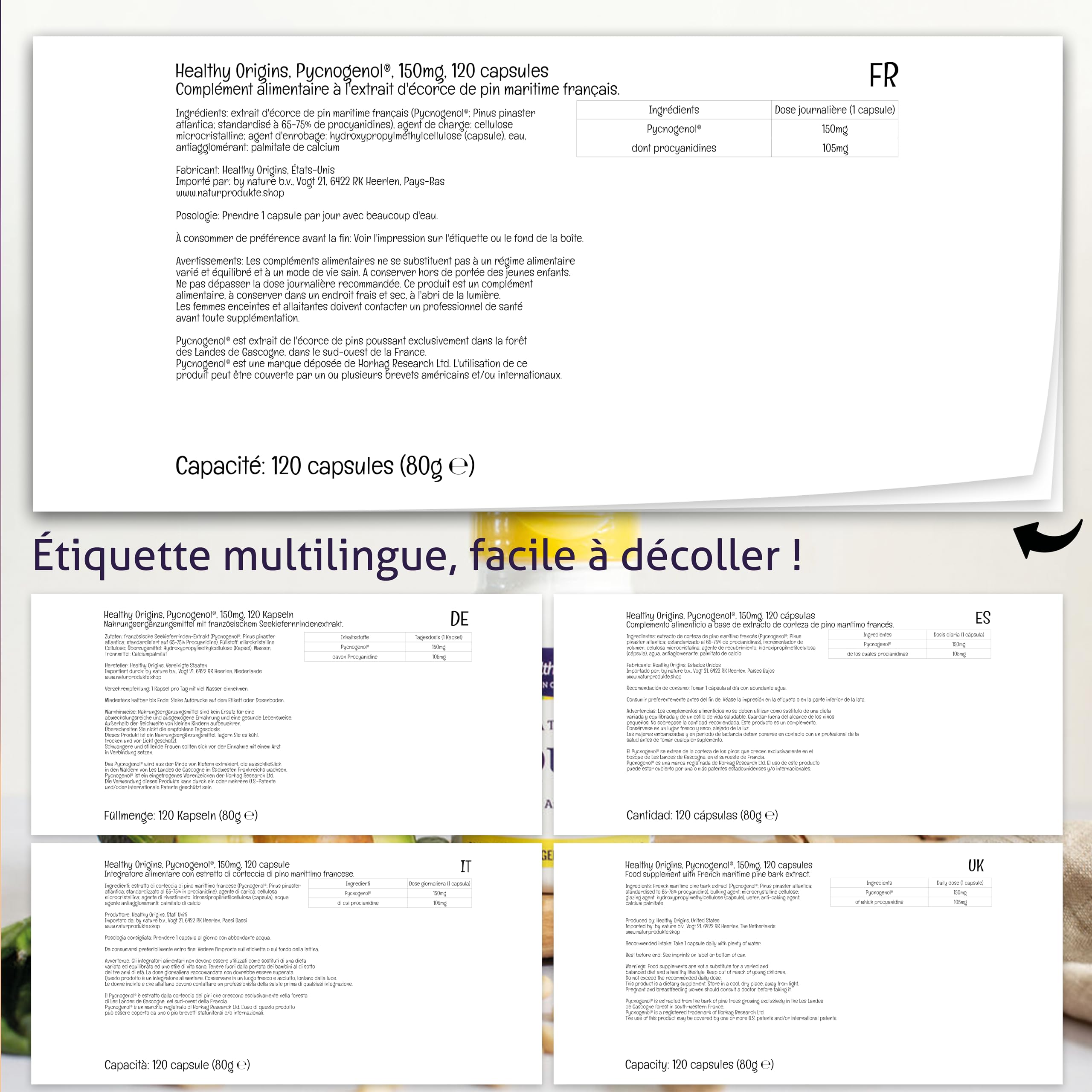 Healthy Origins, Pycnogenol, 150mg, Extrait d'Écorce de Pin avec Procyanidines, 120 Capsules végétaliennes, Sans Soja, Sans Gluten, Végétarien, Sans OGM