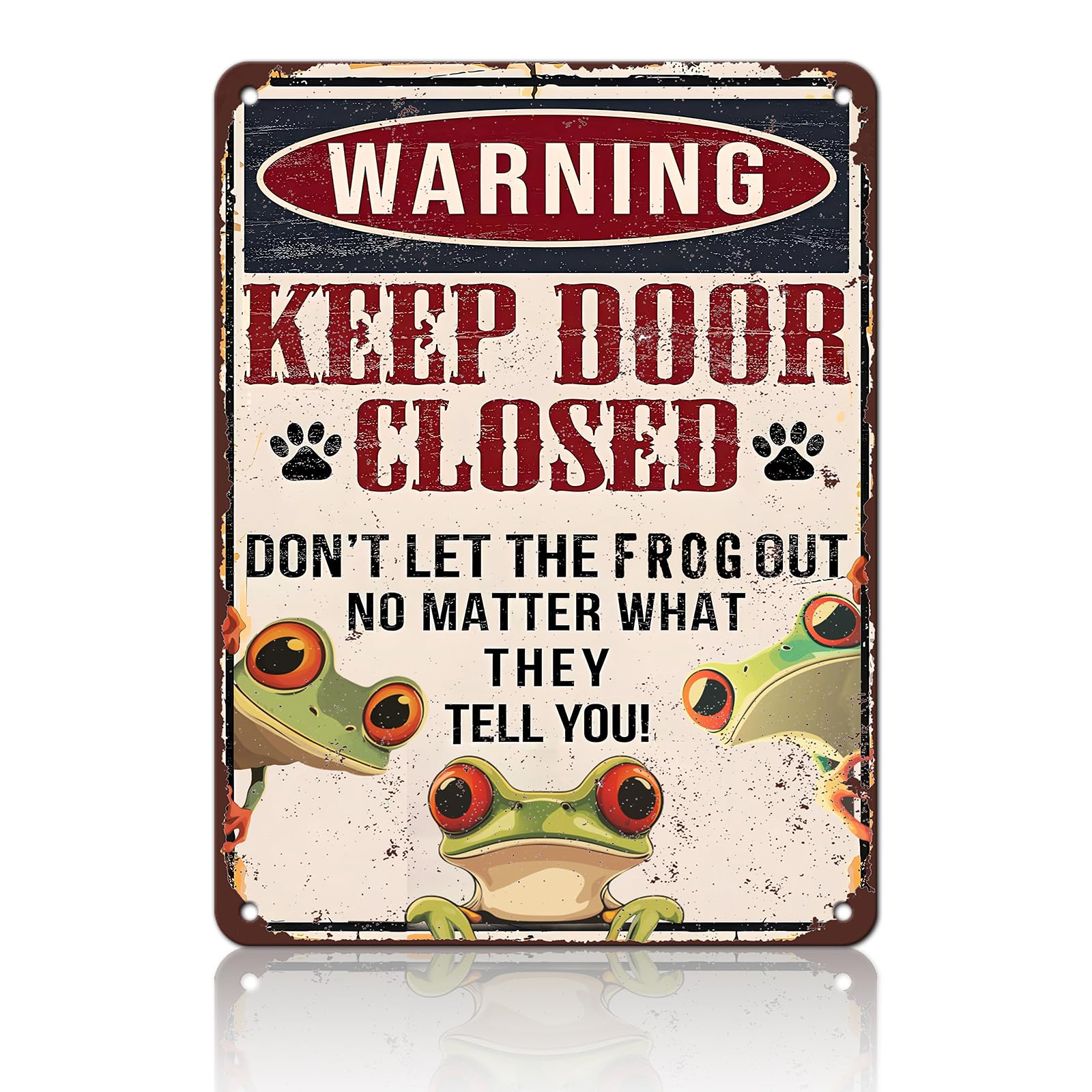 PEACHGARDEN Funny Frog Warning Decor Retro Metal Tin Sign Keep Door Closed Don't Let The Frogs Out No Matter What They Tell You Vintage Tin Sign for Home Office Room Wall Decor Poster 12x16inch