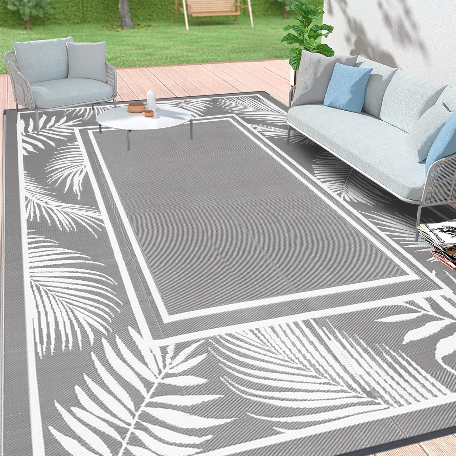 Photo 1 of Bsmathom Outdoor Rugs 9x12, Outdoor Camping Rug Patios Clearance, Waterproof Reversible Outdoor Plastic Straw Rug, 9x12 Large Reversible Mats for Camping, RV, Picnic, Beach, Backyard, Pool Deck,Grey Grey 9'x12'