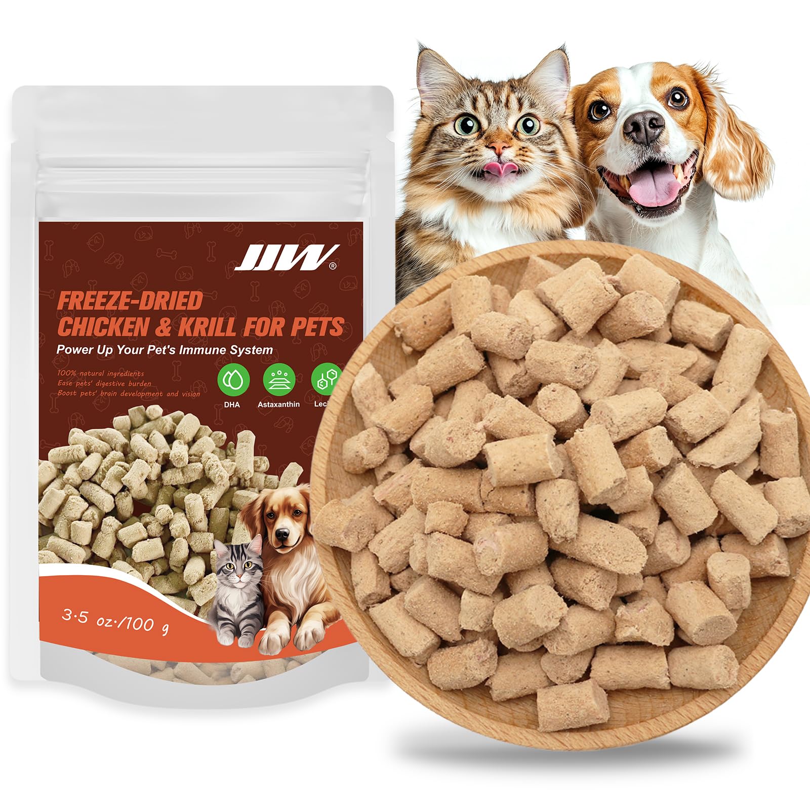 JJW Freeze - Dried Chicken & Krill Pet Treats for Cats & Dogs - 100% Natural, Nutrient - Packed, 100g