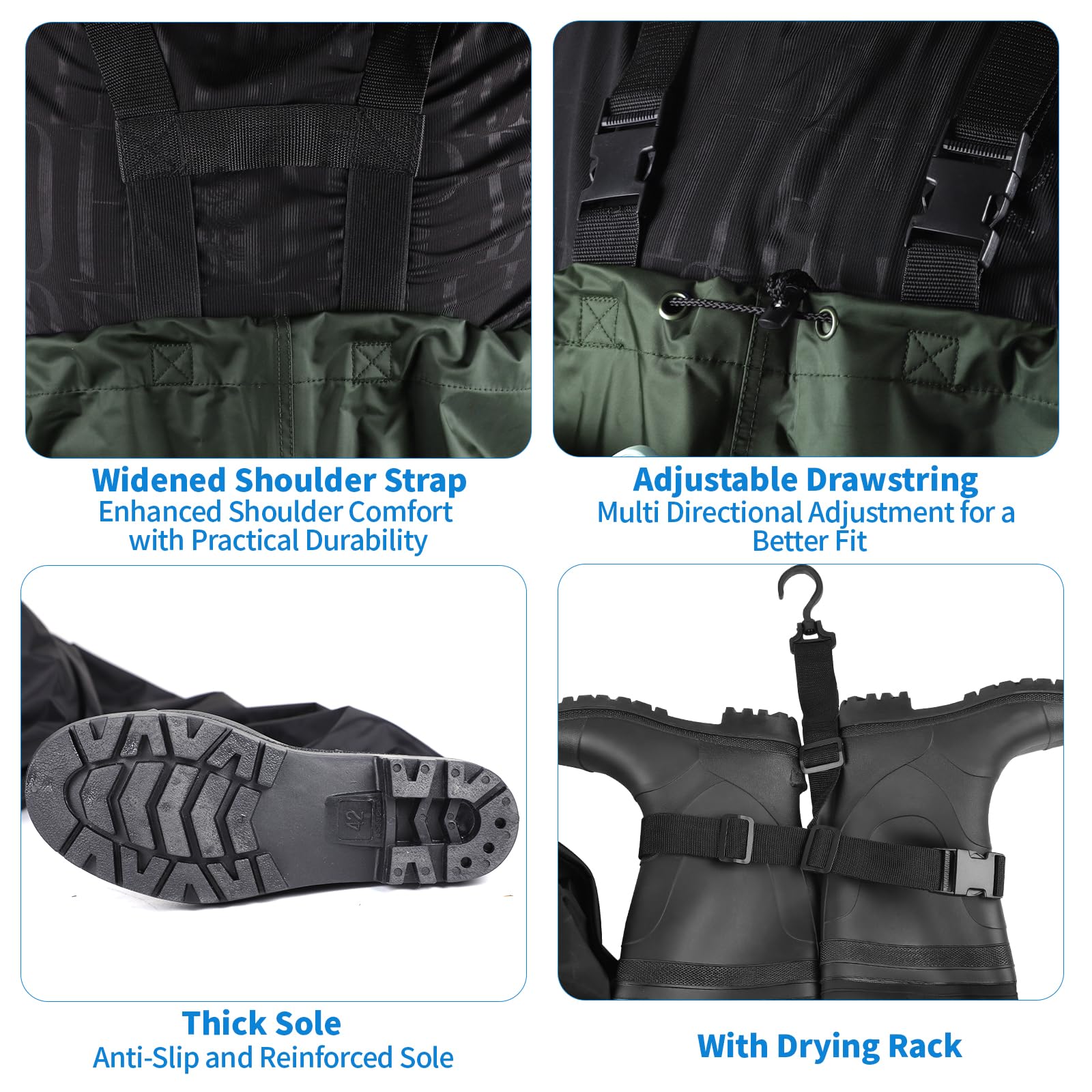 SWAWIS Wathose Herren Wasserdicht mit Stiefel Verstellbarer Riemen Anglerhose für Erwachsene mit Stiefel Atmungsaktive Wasserdicht Watthosen für Baustellen, Angeln, Bauernhöfe