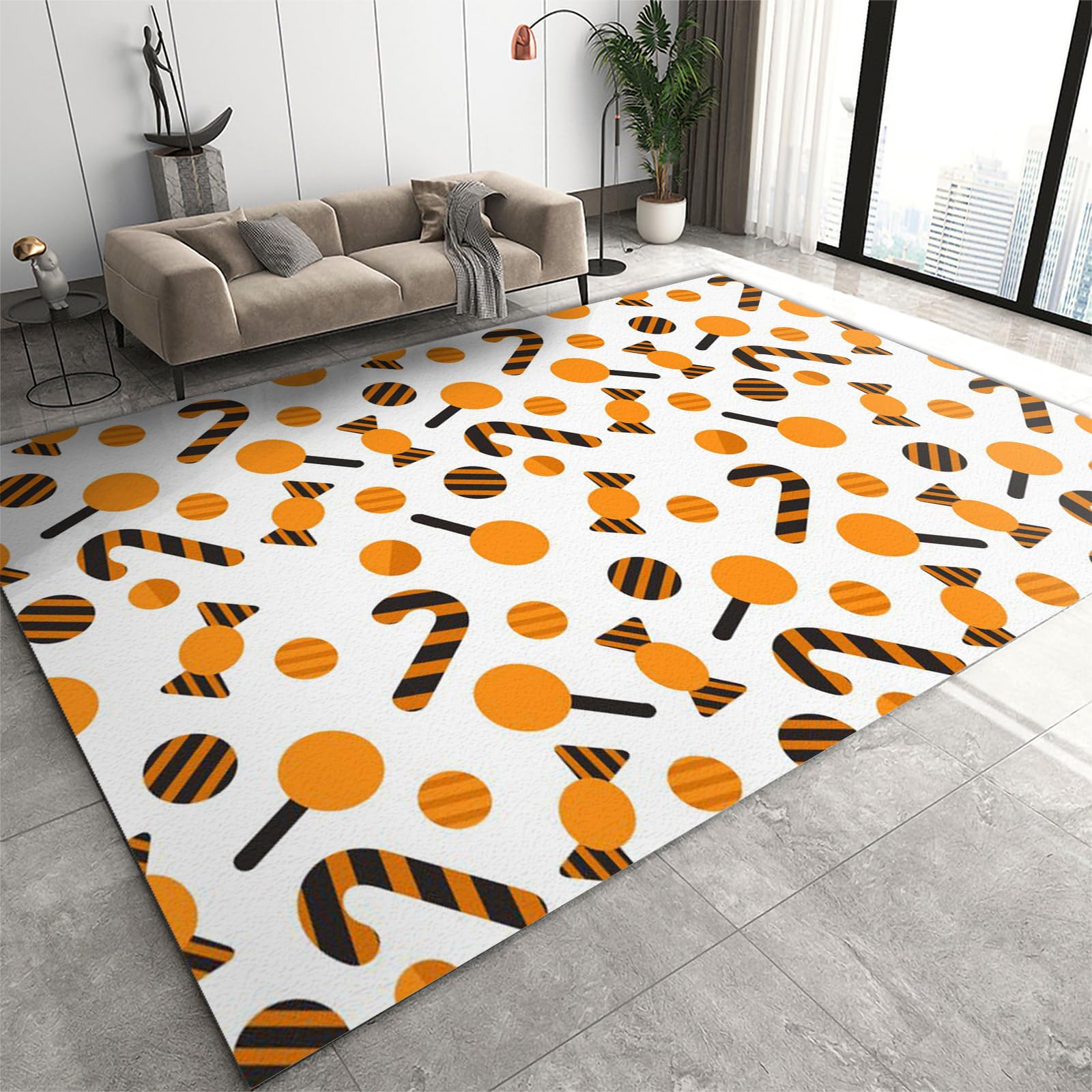 FIEMAR Area Rug 70 x 140 cm Black Orange Candy Soft Children's Room Rugs, Modern Halloween Carpets with Non-slip Backing, Suitable for Under Kitchen Table Living Room Dining Room Bedside Farmhouse