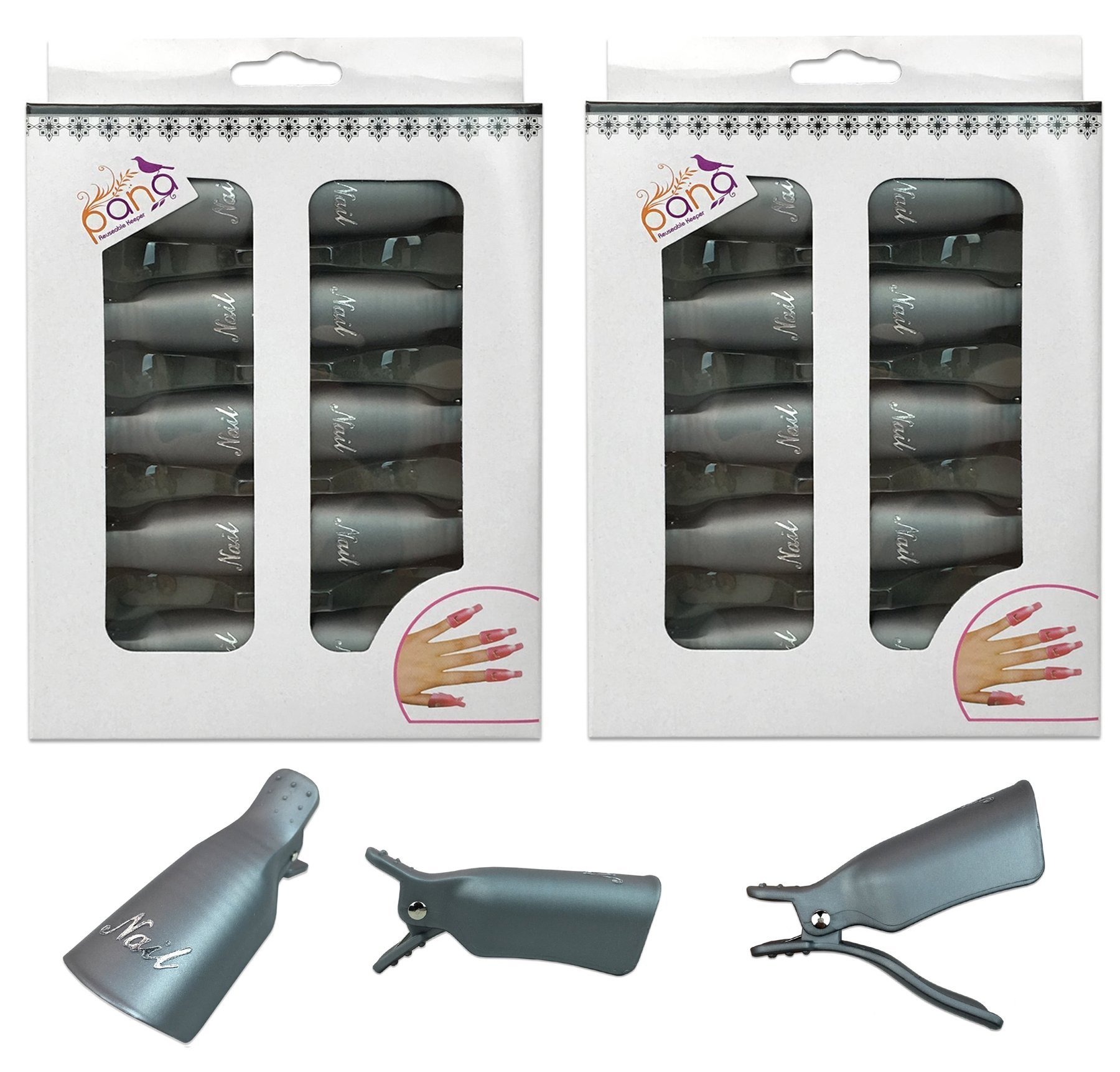 Pana® Reusable Keeper Acrylic Nail Art Soak Off UV Gel Polish Remover Cap Clips Manicure Tool (2 Packs, Silver)