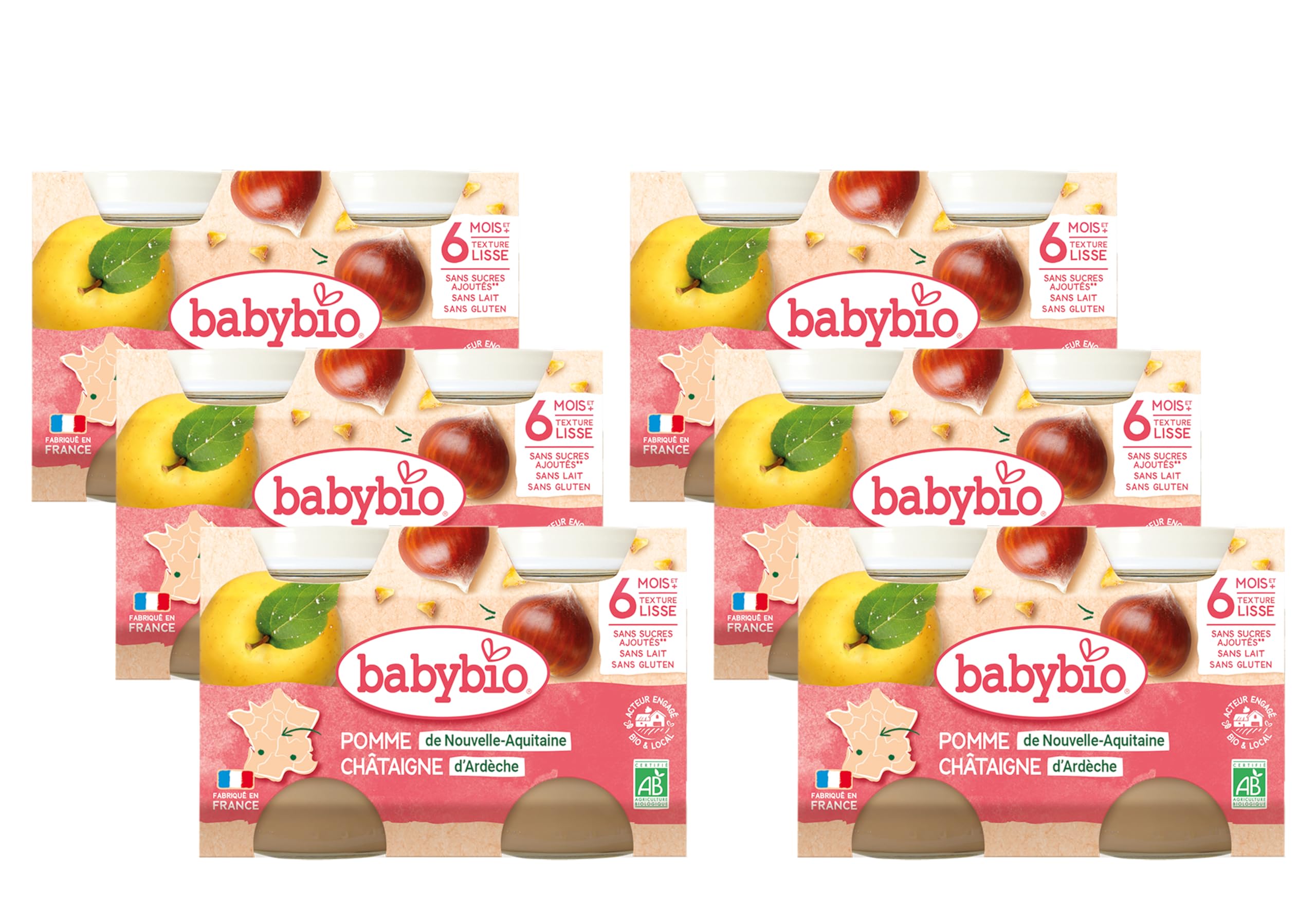BABYBIO - Petits Pots - Pomme Châtaigne - 2x130 g - BIO - Lot de 6