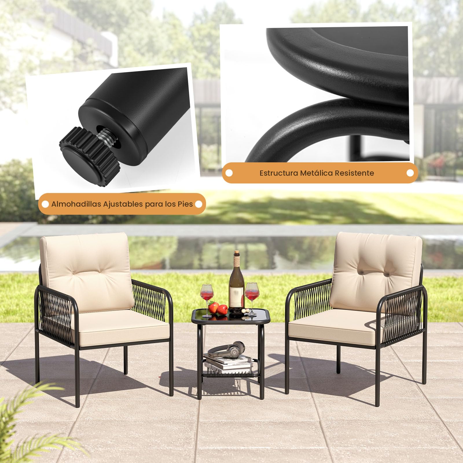 COSTWAY Conjunto Jardin Exterior de Ratan PE 3 Piezas, Mesa de Vidrio Templado, 2 Sillas con Cojines, Mesa y Sillas Muebles Jardin Terraza Balcon Exterior