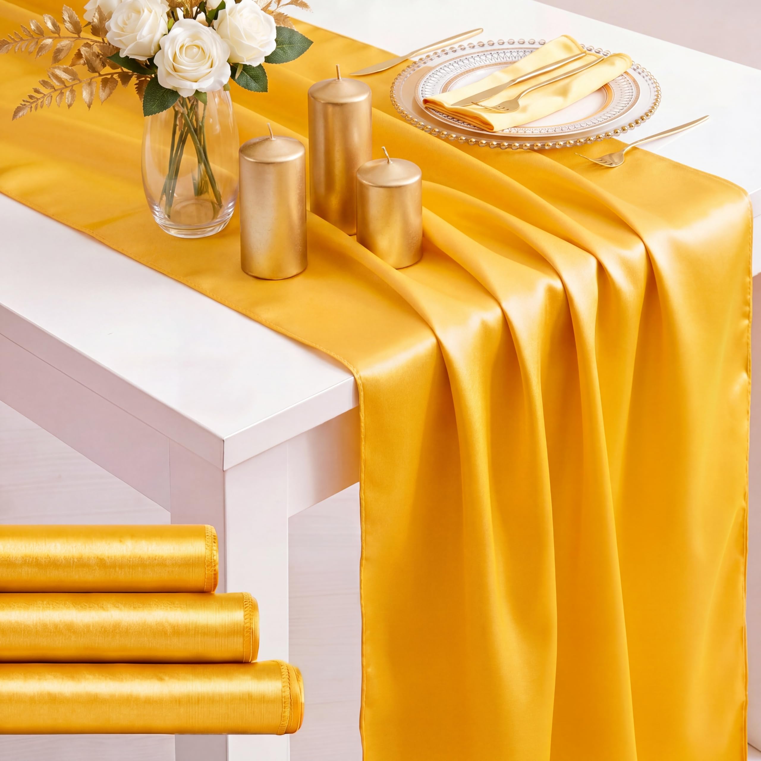 Photo 1 of Windkream 3 Pcs Gold Table Runners Light Gold Satin Table Runner 28 x 120 Inch Satin Smooth Silk Fabric for Wedding Banquet Birthday Party Baby Shower Bridal Shower Graduation Home Dining Decor