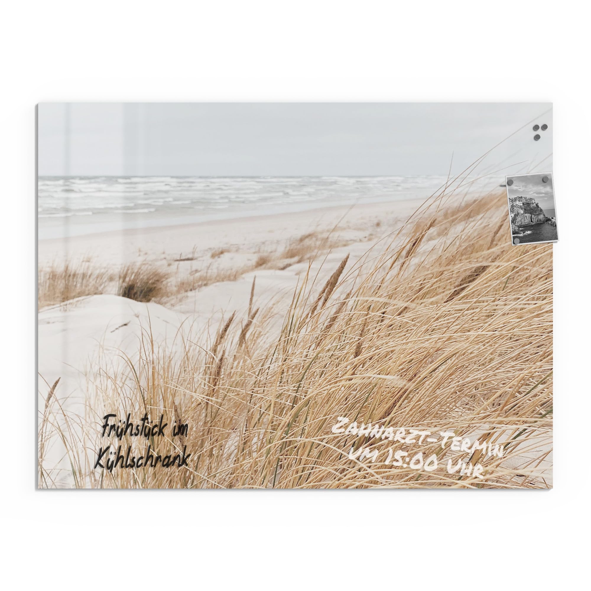 DEQORI Szklana tablica magnetyczna | wymiary 120 x 90 cm | motyw "Zimowa plaża cisza" | tablica memo ze szkła | tablica magnetyczna z magnesami, długopisem i chusteczką do kuchni i biura | tablica