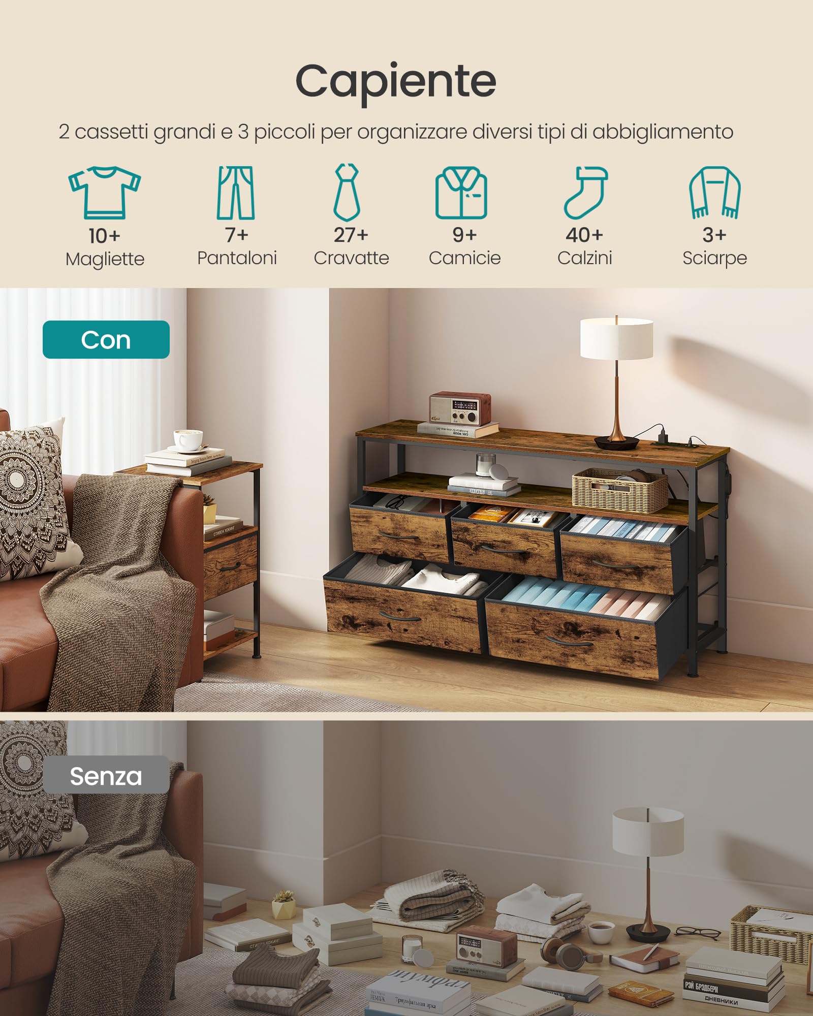 SONGMICS BELLAH Collezione - Cassettiera con LED Regolabile Controllato da APP, Mobile con Prese, 1 Ripiano, 5 Cassetti, Industriale, Marrone Vintage e Nero Inchiostro LGS723KD01