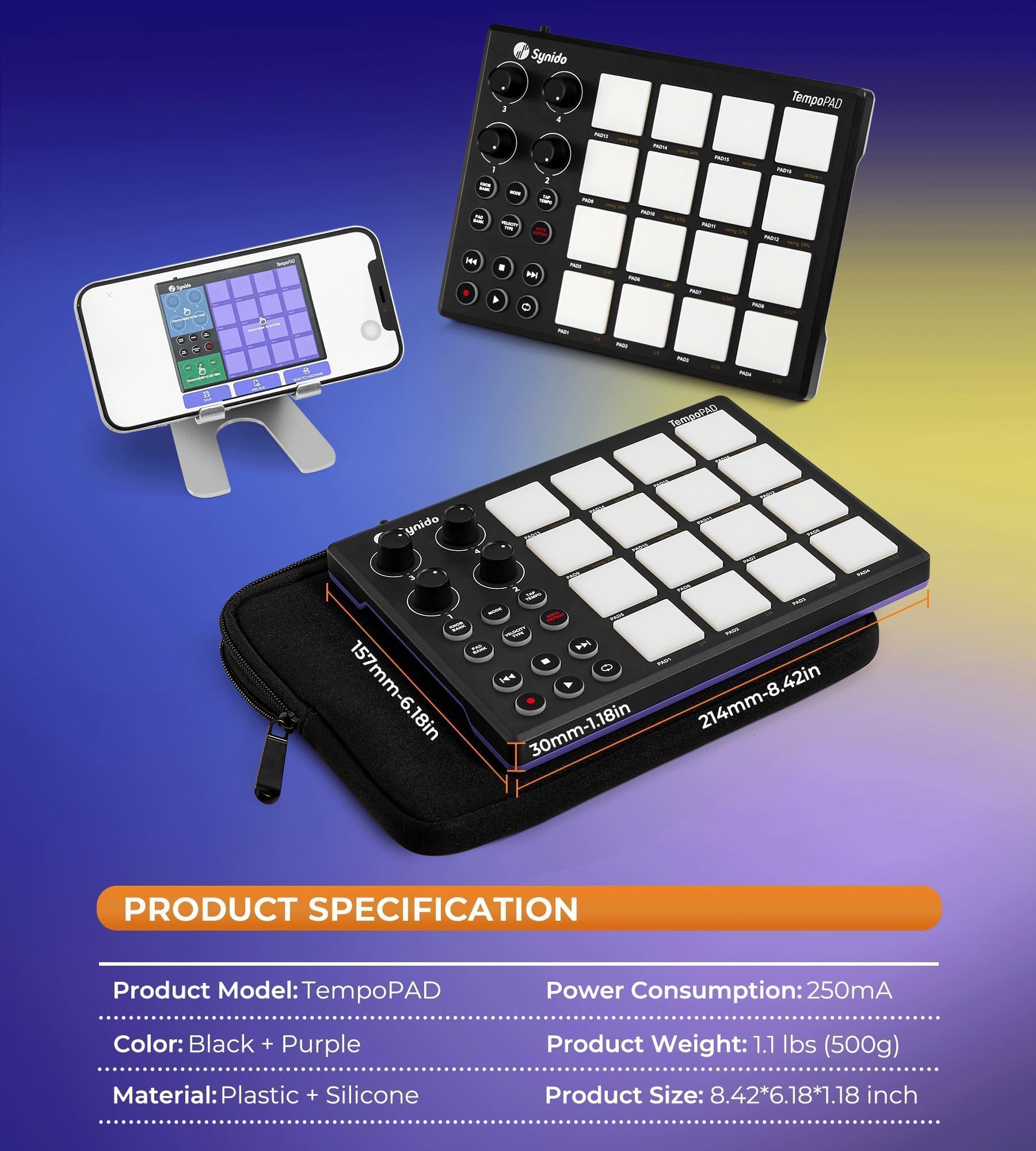 Synido TempoPAD Machine à rythmer pour la production musicale, contrôleur de pad MIDI USB portable pour débutants avec sac de transport durable, 16 coussinets rétroéclairés, 4 assignables