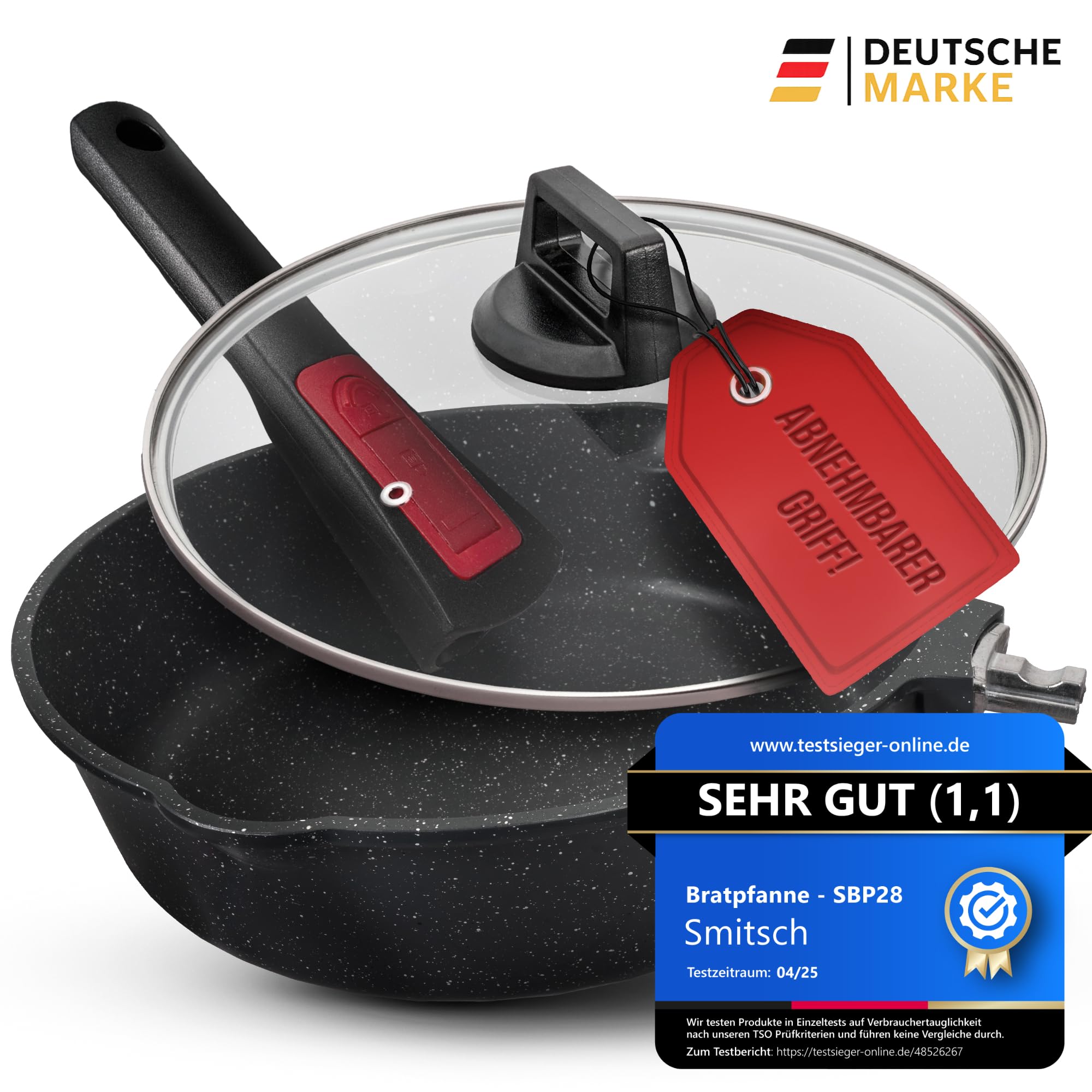 Bratpfanne 28 cm mit Deckel – Beschichtet, abnehmbarer Griff, spülmaschinenfeste,ofenfeste pfanne,pfannen induktion, pfanne 28 cm hoher rand, PFOA frei, Pan 28cm