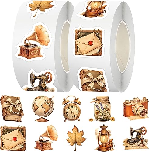 1000 calcomanías vintage de otoño, 2 rollos de calcomanías estéticas para álbumes de recortes, diario, botellas de agua, laptop, diario de viñetas,