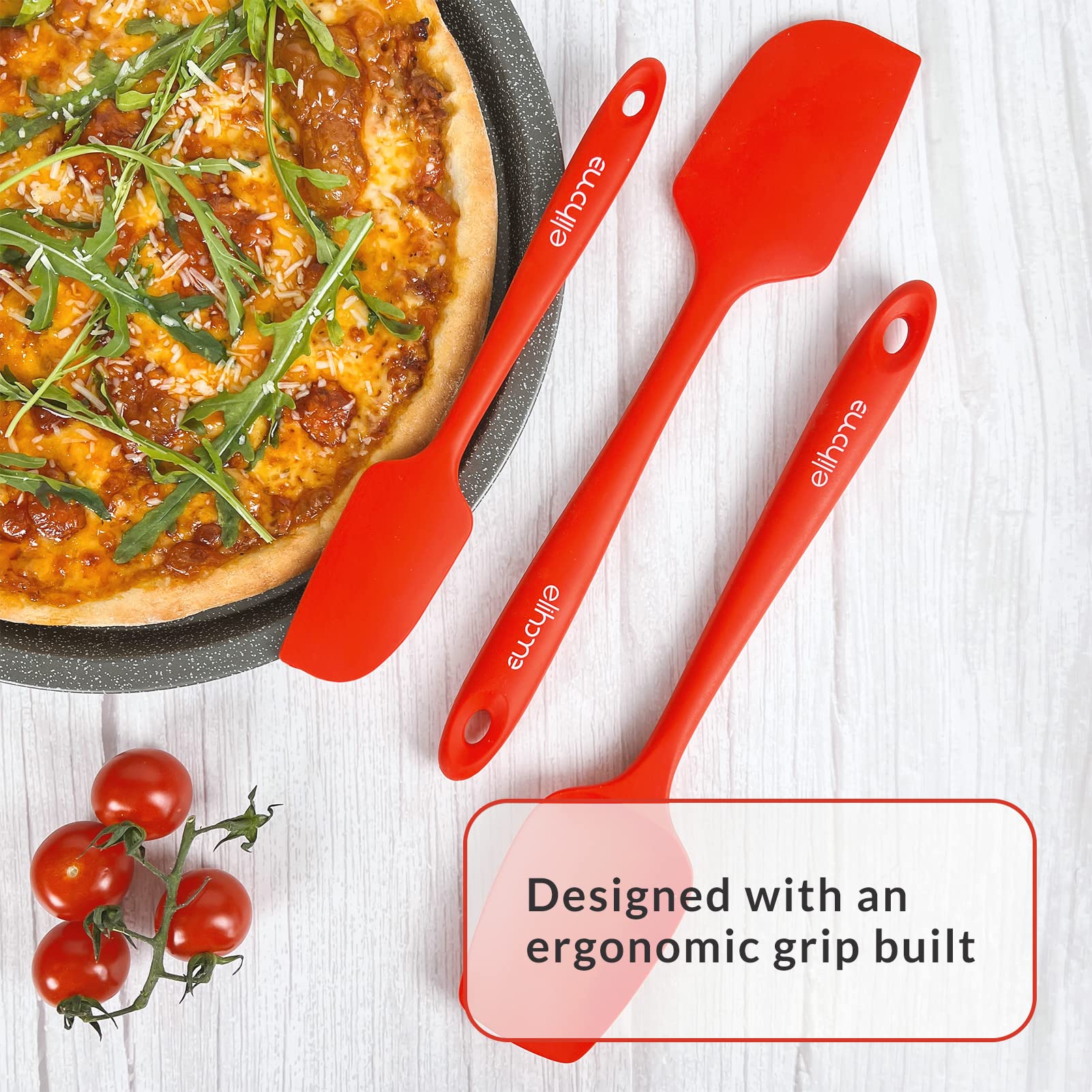 Elihome Chef Series 3-teiliges Silikon-Spatel-Set, hitzebeständig, antihaftbeschichtet, Gummi, zum Kochen, Backen und Mischen, BPA-frei und LFGB-zertifiziertes Silikon (rot)