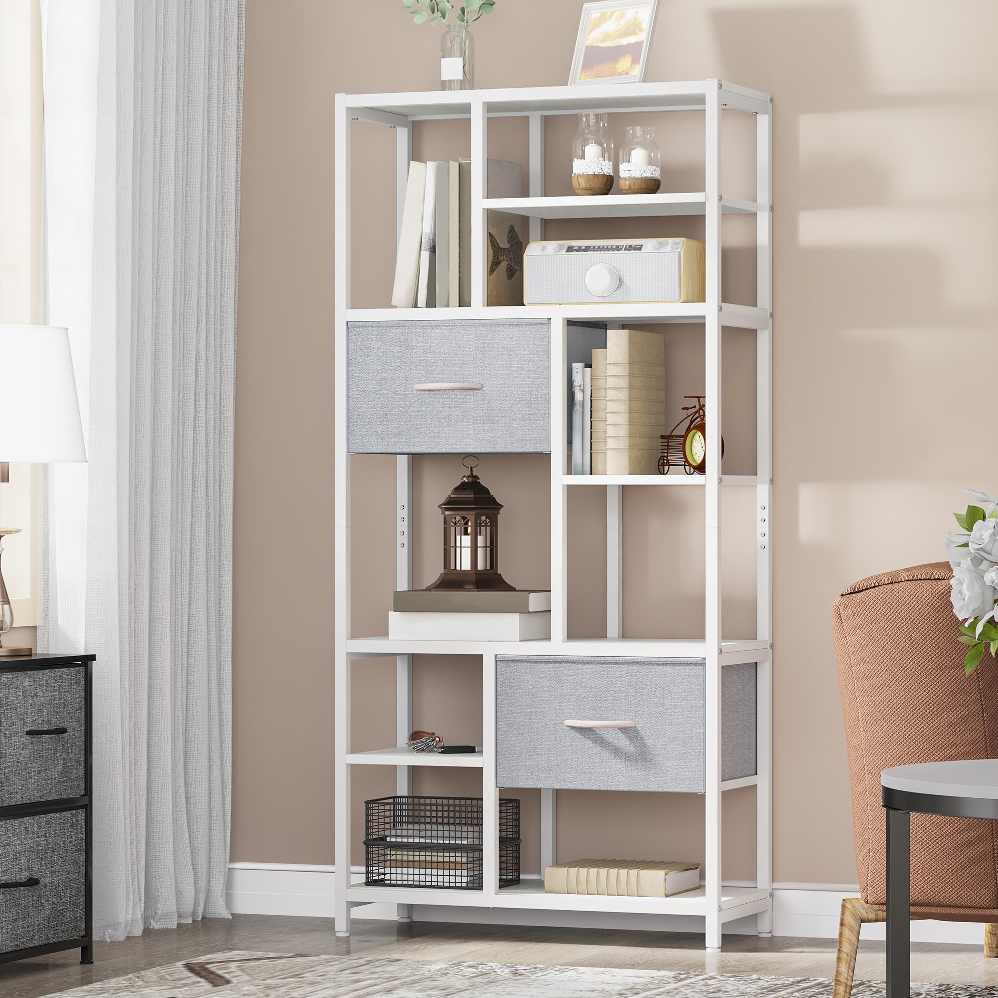 YITAHOME Estantería para Libros con 7 estantes con cajones de Piso a Techo, estantería Industrial, estantería de Acero, Adecuada para Sala de Estar, Oficina, Estudio, Pasillo, Cocina, Blanco