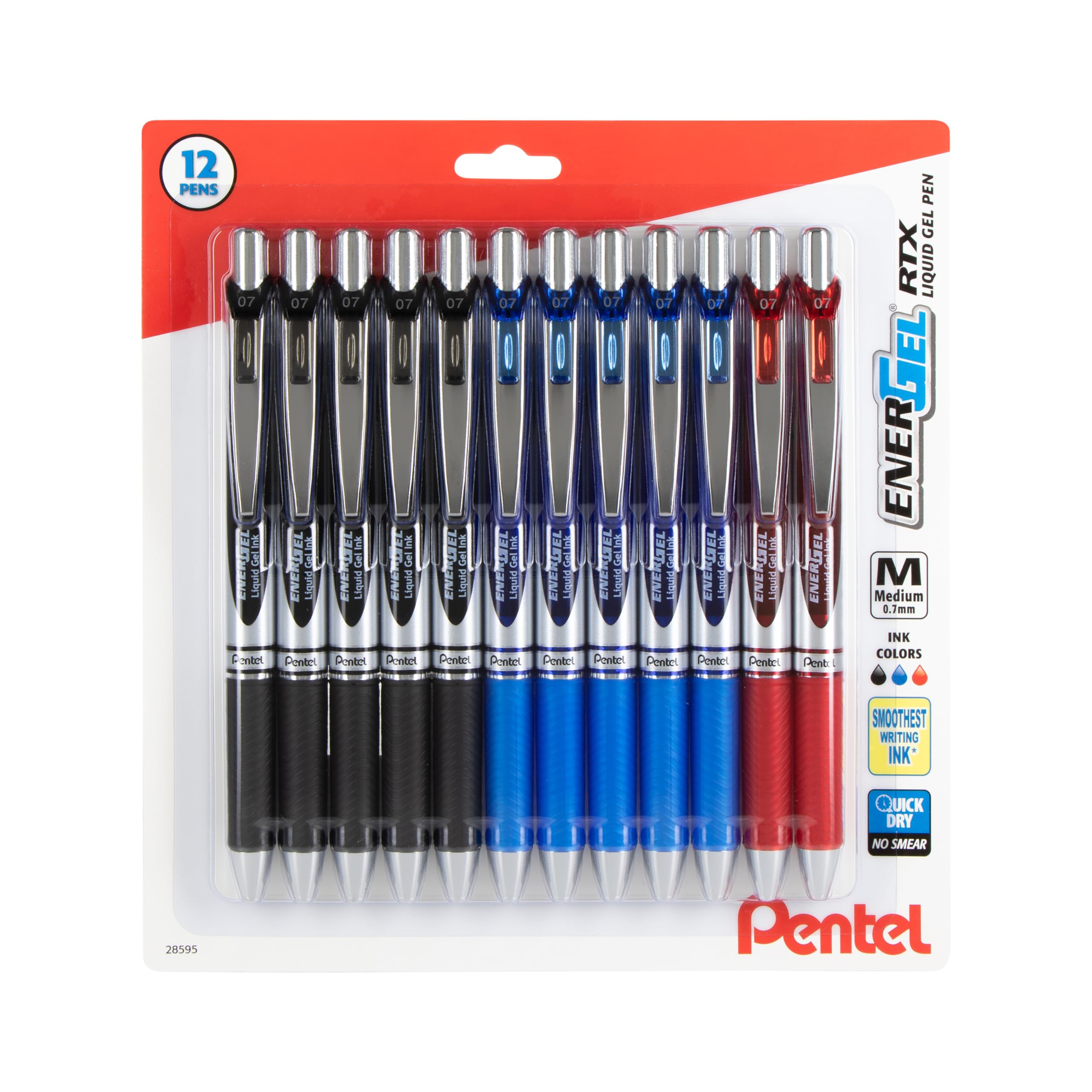Pentel EnerGel RTX Retractable Liquid Gel Pen, 0.7mm, Medium Line, Assorted Ink, 12-Pk (BL77BP12M2)