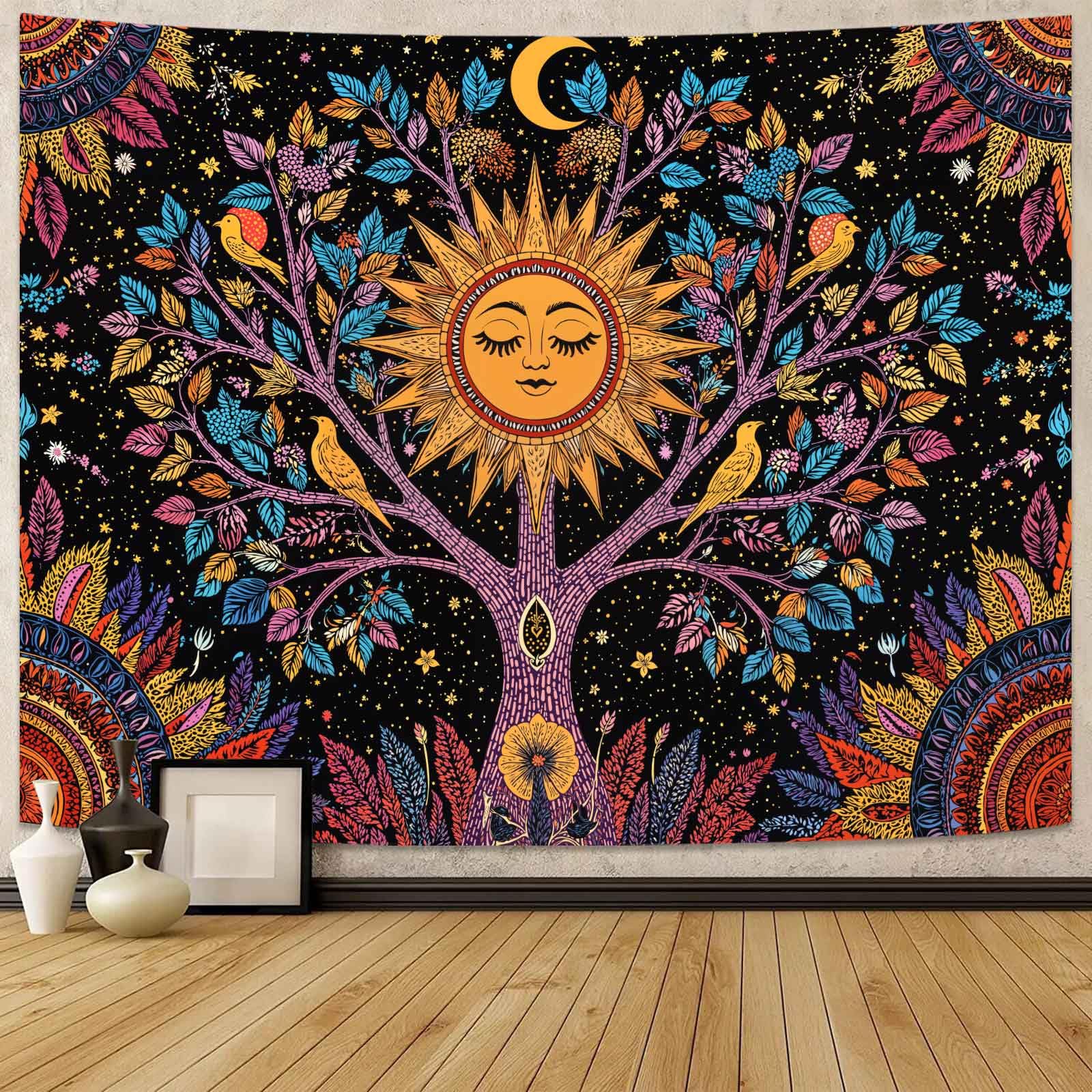 Lunerfex Tree of Life Wall Tapestry - Celestial Sun with Face & Birds Wall Hanging for Bedroom and Living Room - Boho Spiritual Decor Tapestries 60"x44"